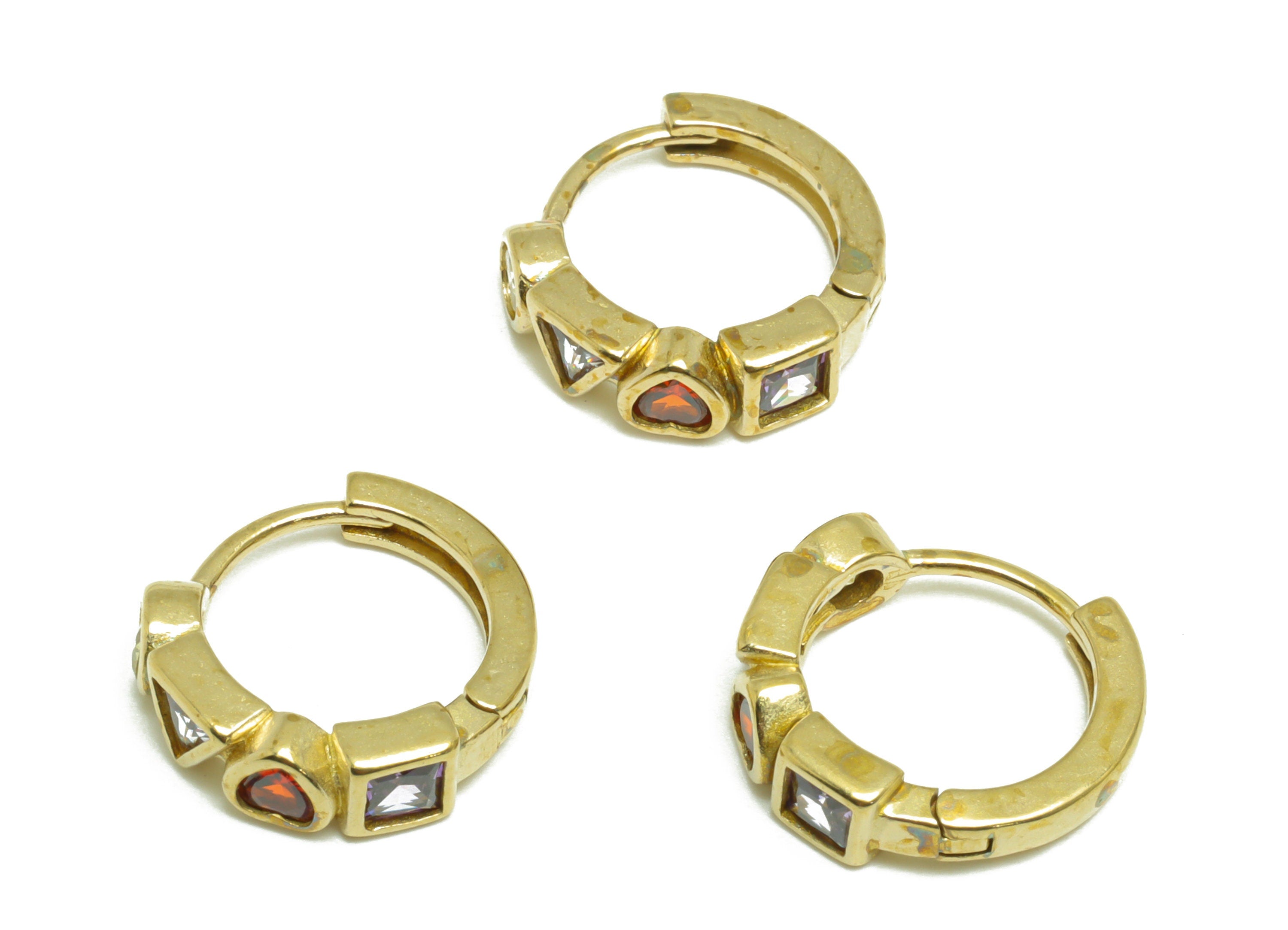 Heart Huggie Hoop Earring - Raw Brass Geometric CZ Hoop Wire Ring Earring - Rainbow CZ Cubic Zircon Huggie Hoop Earring - 14x13x4mm - PP9801 - DOMEDBAZAAR