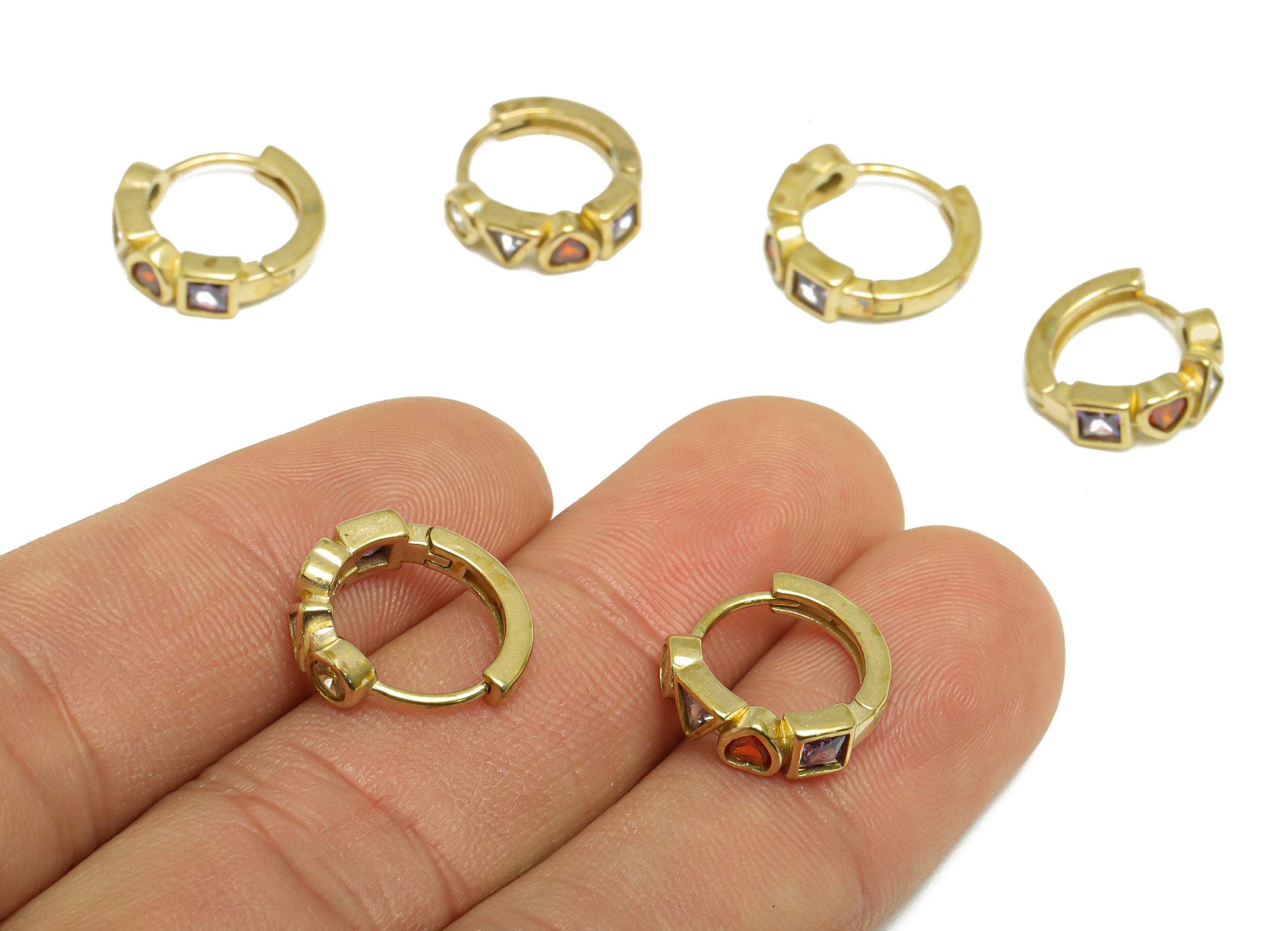 Heart Huggie Hoop Earring - Raw Brass Geometric CZ Hoop Wire Ring Earring - Rainbow CZ Cubic Zircon Huggie Hoop Earring - 14x13x4mm - PP9801 - DOMEDBAZAAR