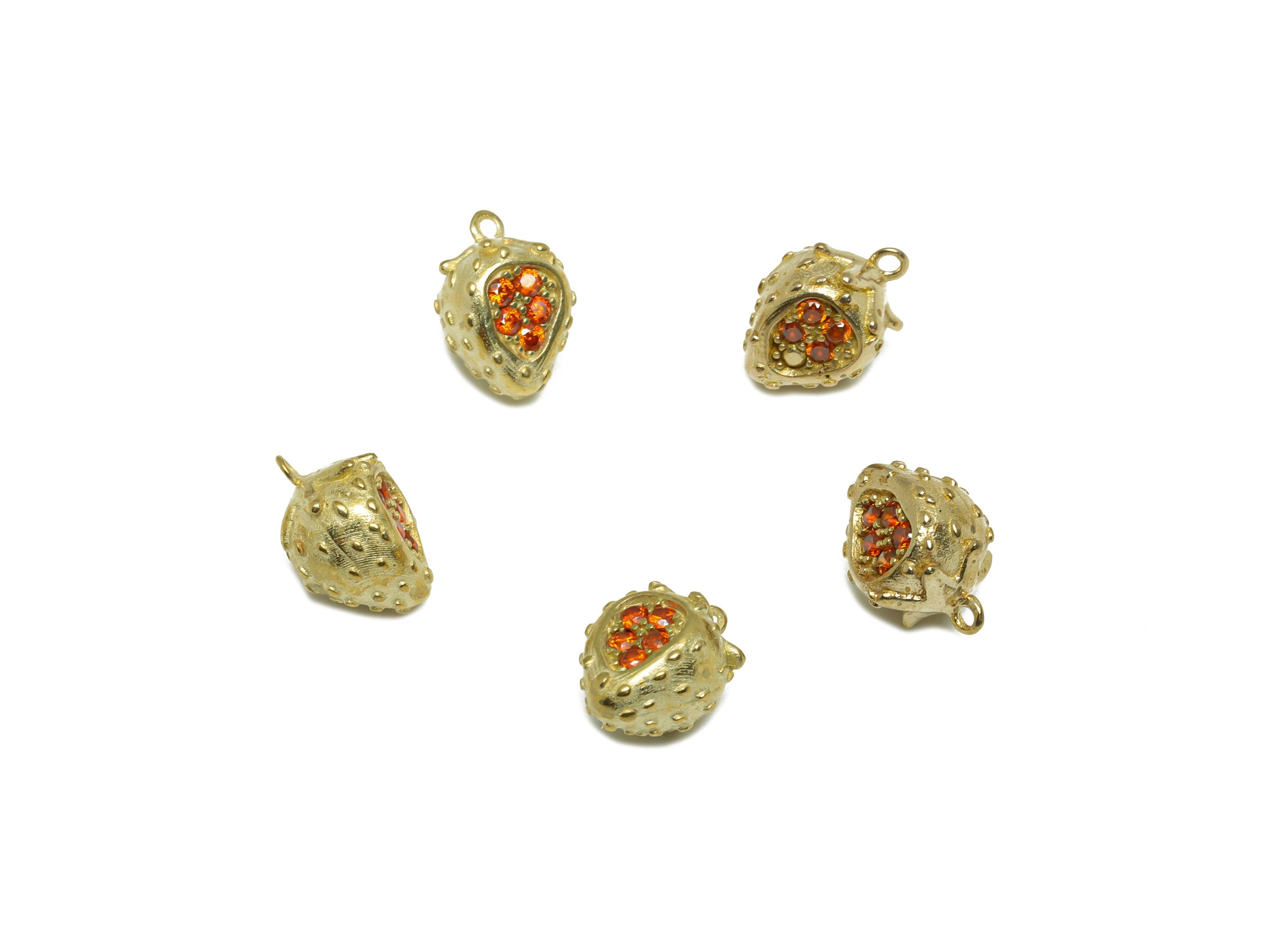 Strawberry Zircon Earring Pendant - Brass Textured Fruit Pendant - Raw Brass CZ Strawberry Charm - Bracelet Charm - 11x7.9x7.14mm - PP9811 - DOMEDBAZAAR