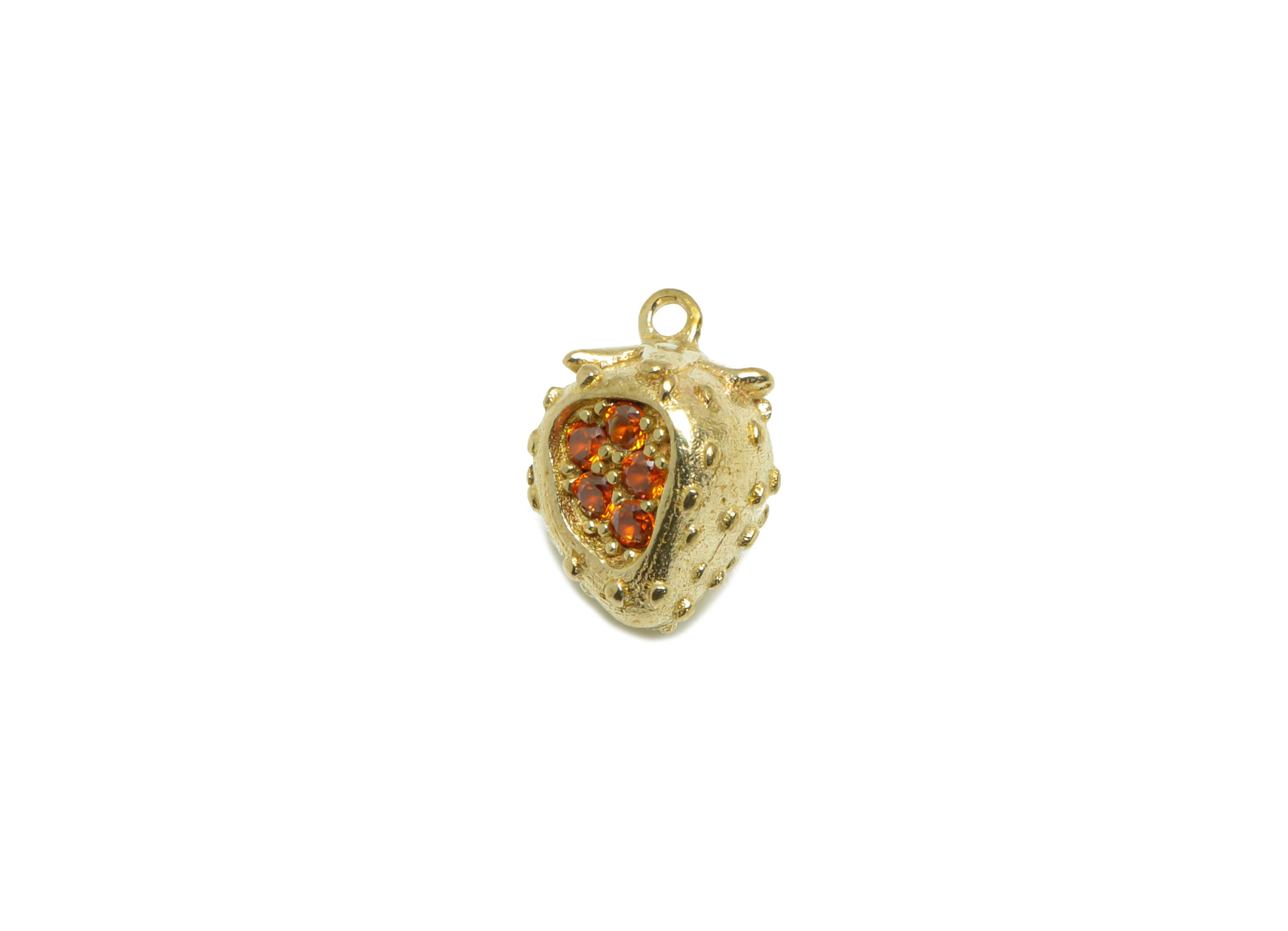 Strawberry Zircon Earring Pendant - Brass Textured Fruit Pendant - Raw Brass CZ Strawberry Charm - Bracelet Charm - 11x7.9x7.14mm - PP9811 - DOMEDBAZAAR