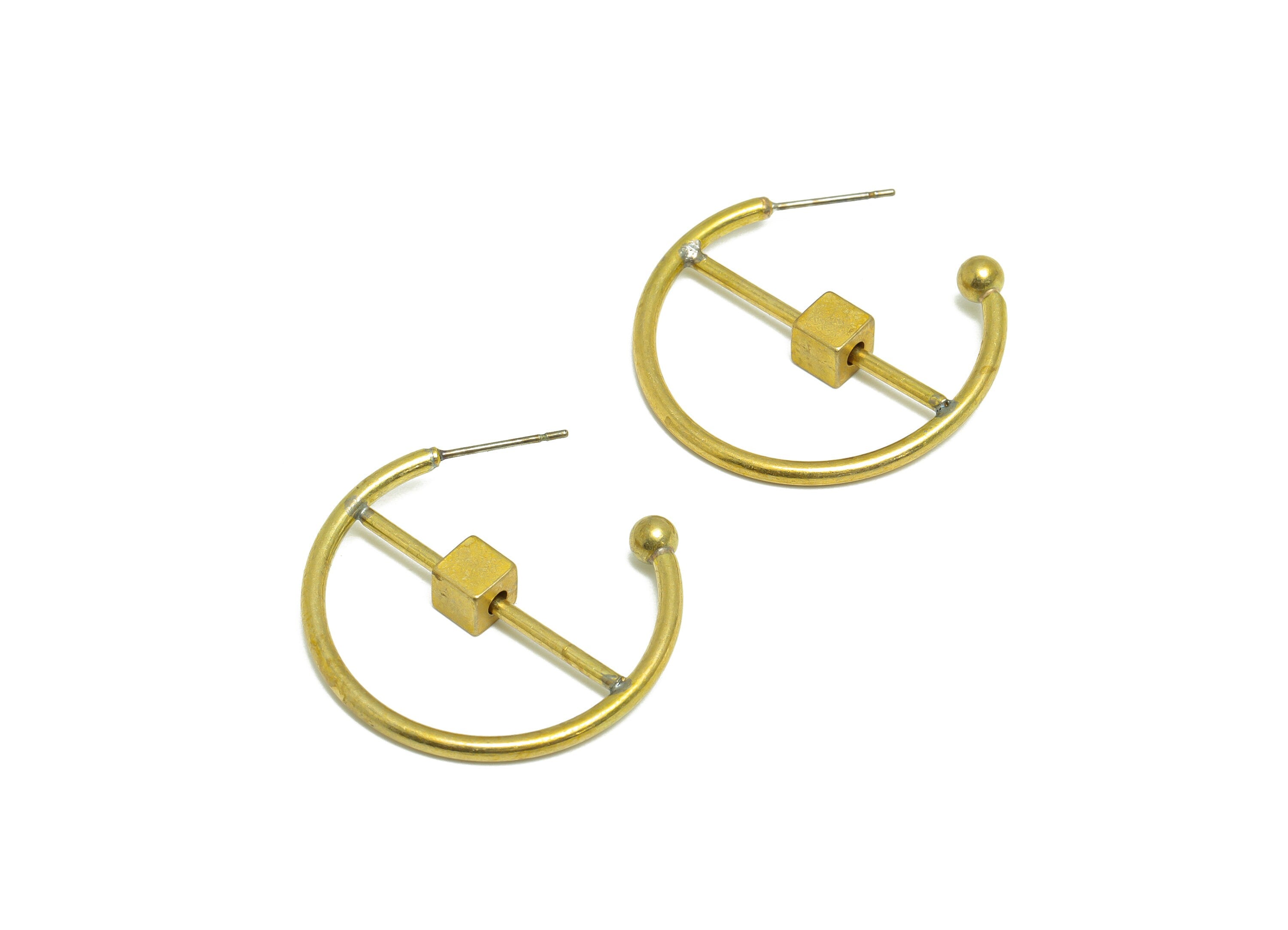 Brass Ball Hoop C Earring - Raw Brass Cube Hoop Earring Post - Brass Open Hoop Earring Post - Hoop Stick Earring Post - 29x30x2mm - PP9944 - DOMEDBAZAAR