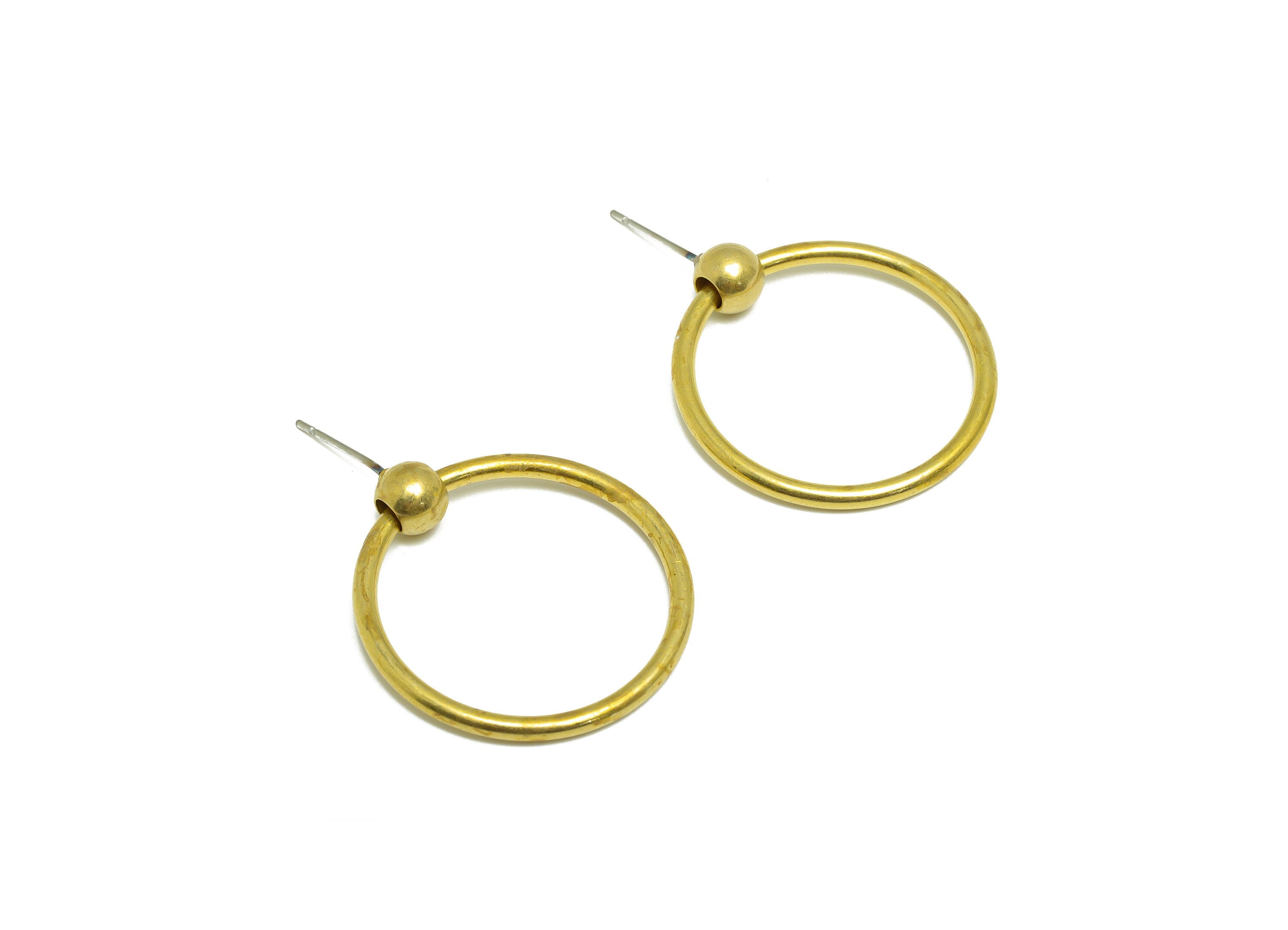 Brass Dangle Earring Stud - Raw Brass Round Ball Earring Post - Brass Circle Geometry Earring Post - 28x26.97x2.26mm - PP9927 - DOMEDBAZAAR