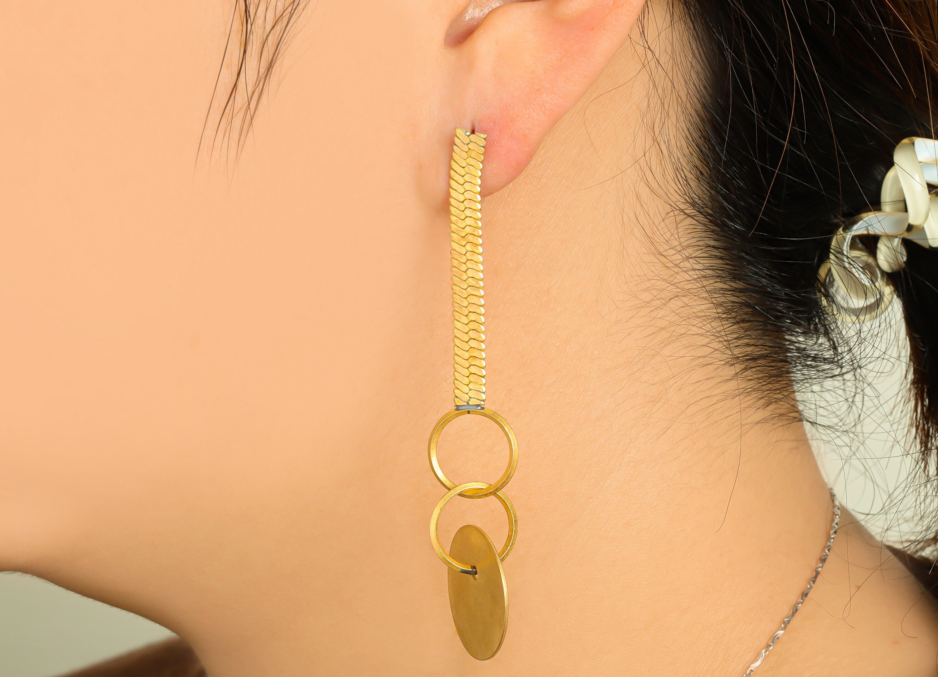 Brass Dangle Round Earring Stud - Raw Brass Textured Interlocking Earring Post - Brass Snake Chain Earring Post - 75.54x19.95x1.3mm - PP9972 - DOMEDBAZAAR