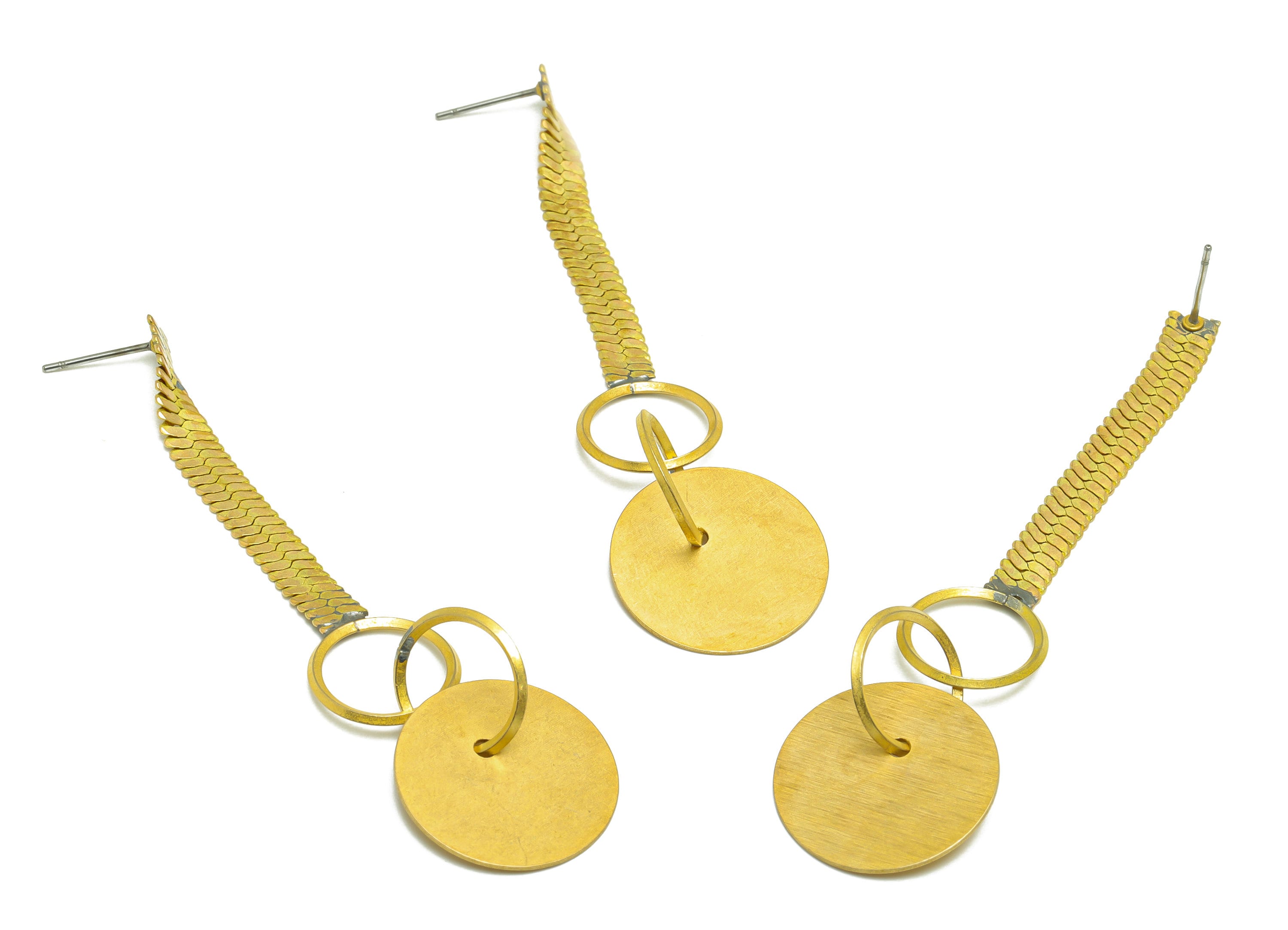 Brass Dangle Round Earring Stud - Raw Brass Textured Interlocking Earring Post - Brass Snake Chain Earring Post - 75.54x19.95x1.3mm - PP9972 - DOMEDBAZAAR