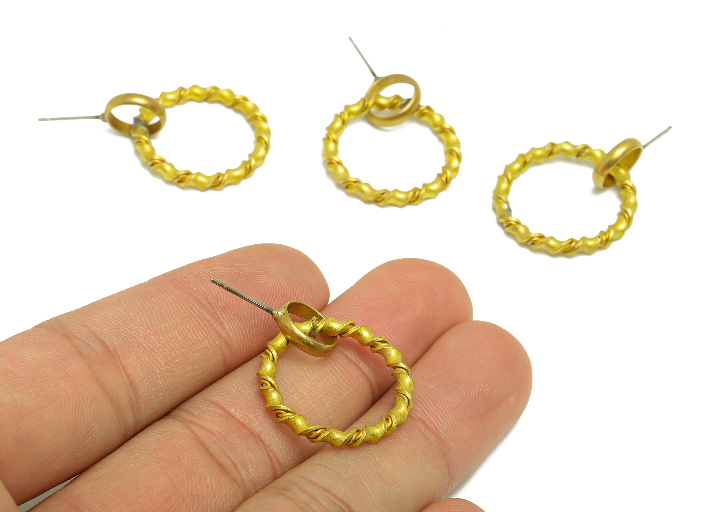 Round Dangle Earring Stud - Raw Brass Curly Earring Post - Brass Twisted Wire Earring Post - Textured Wire Post - 28x21.85x2.19mm - PP9919 - DOMEDBAZAAR