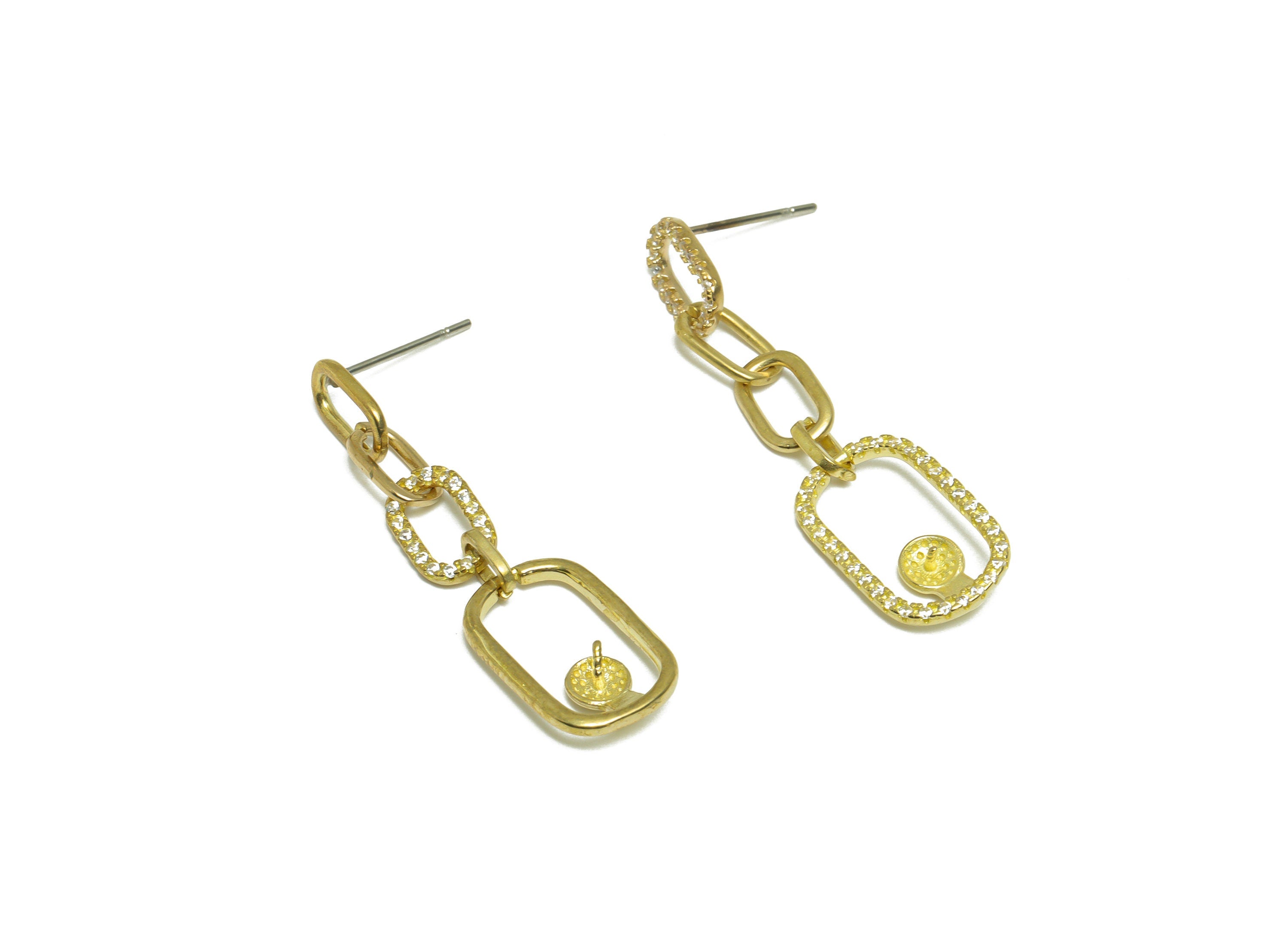 Brass CZ Earring Stud - Raw Brass Zircon interlock Oval Rectangle Earring - Pearl Setting For Earring - Pearl Setting - 32x10.2x3mm - PP9652 - DOMEDBAZAAR