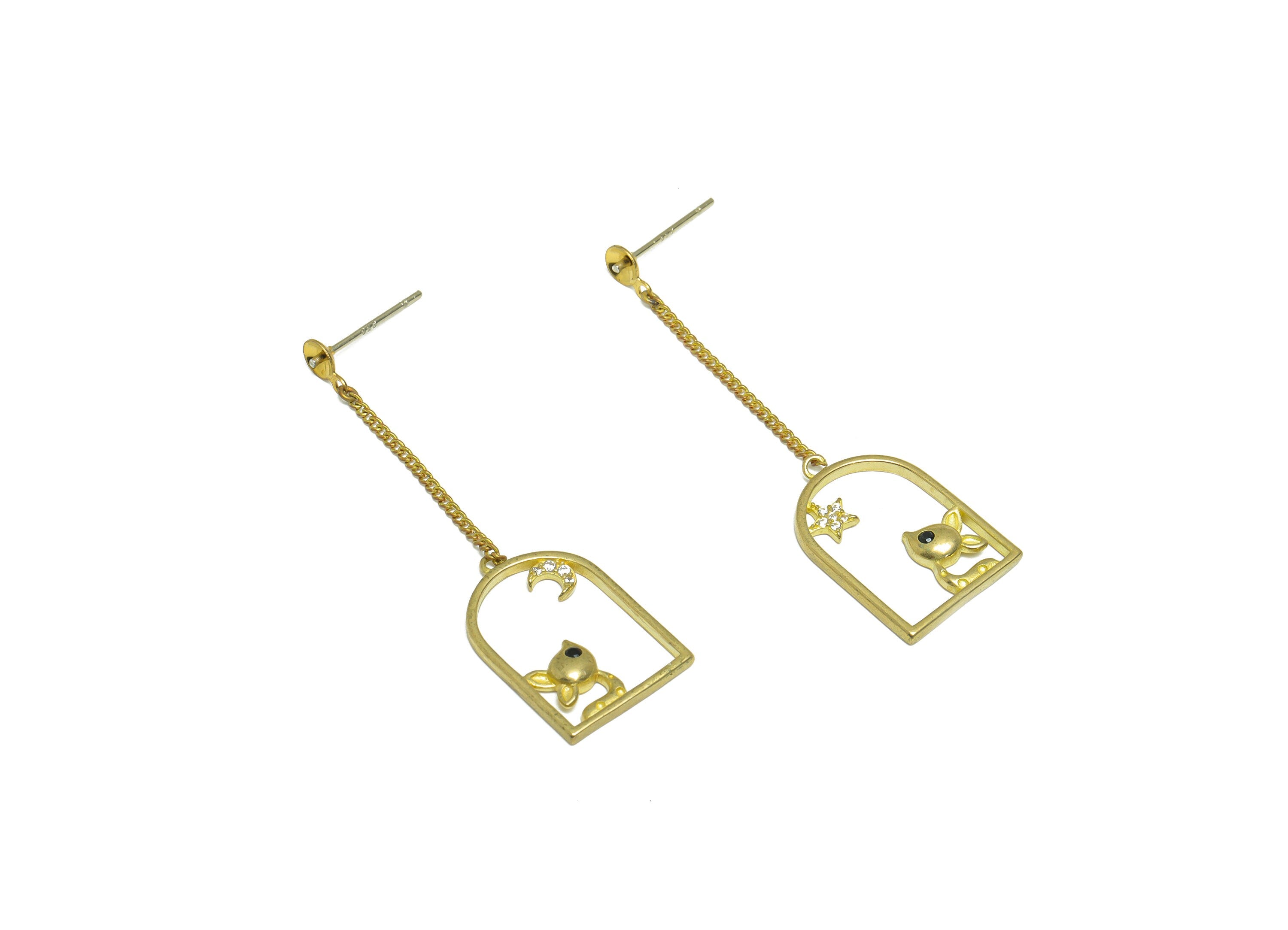 Brass CZ Dangle Earring Stud - Raw Brass Zircon Domed Chain Squirrel Earring - Star Crescent Pearl Setting For Earring - 46x13x2mm - PP9699 - DOMEDBAZAAR
