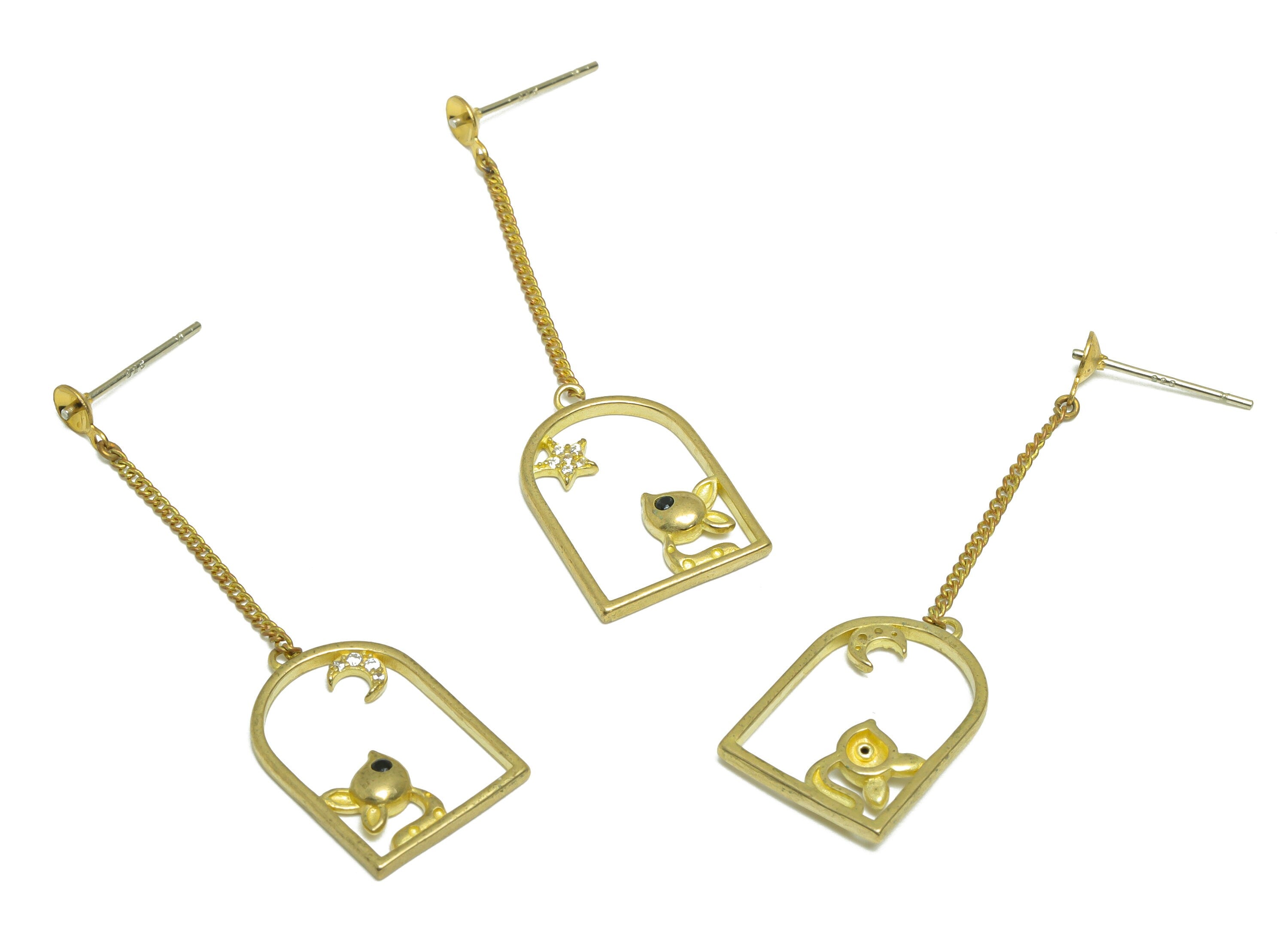 Brass CZ Dangle Earring Stud - Raw Brass Zircon Domed Chain Squirrel Earring - Star Crescent Pearl Setting For Earring - 46x13x2mm - PP9699 - DOMEDBAZAAR