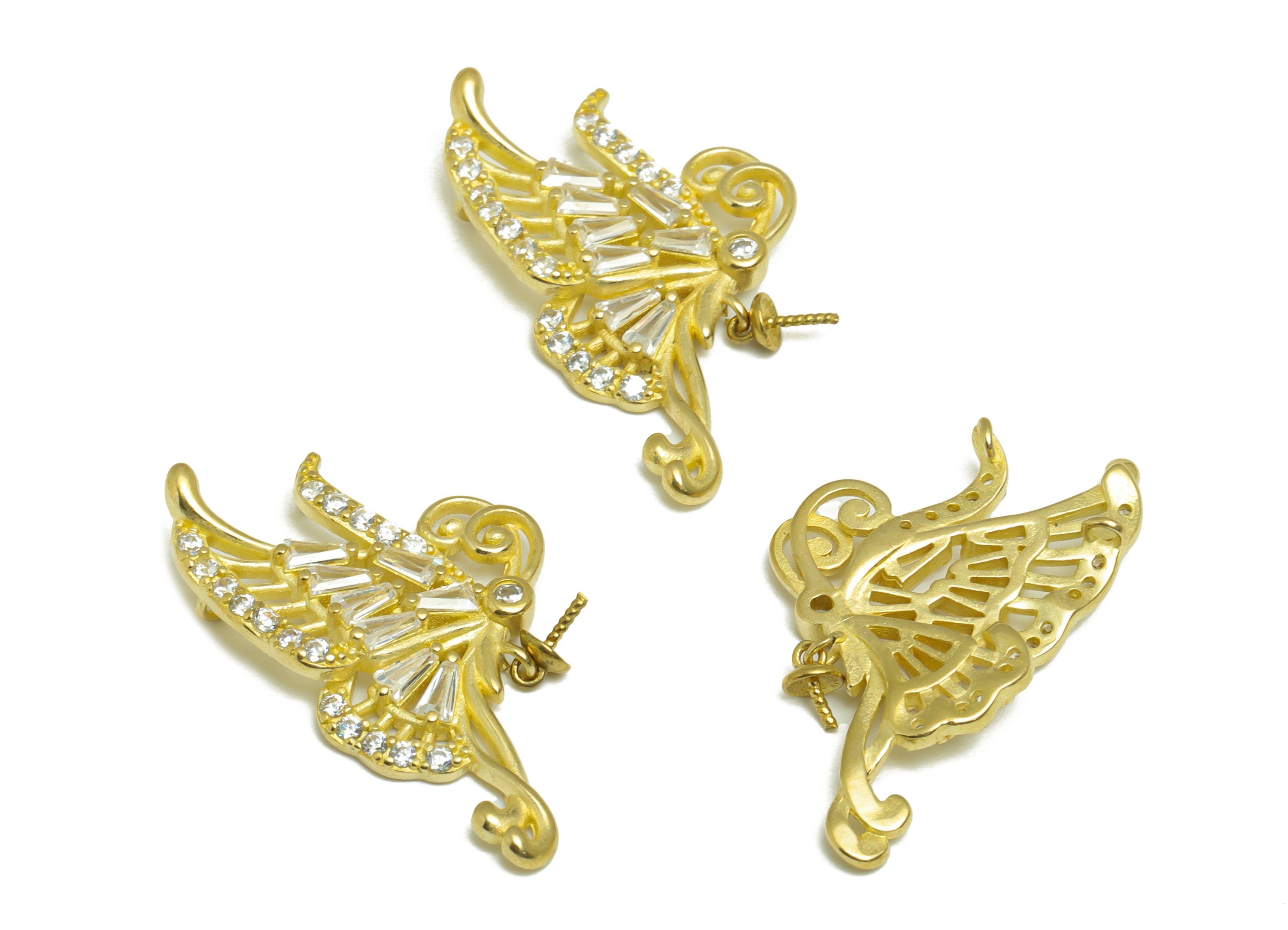 Brass CZ Butterfly Earring Charm - Brass Zircon Butterfly Earring Pendant - Raw Brass Inset Earring Charm - Pearl Setting - 32x17x3mm-PP9624 - DOMEDBAZAAR