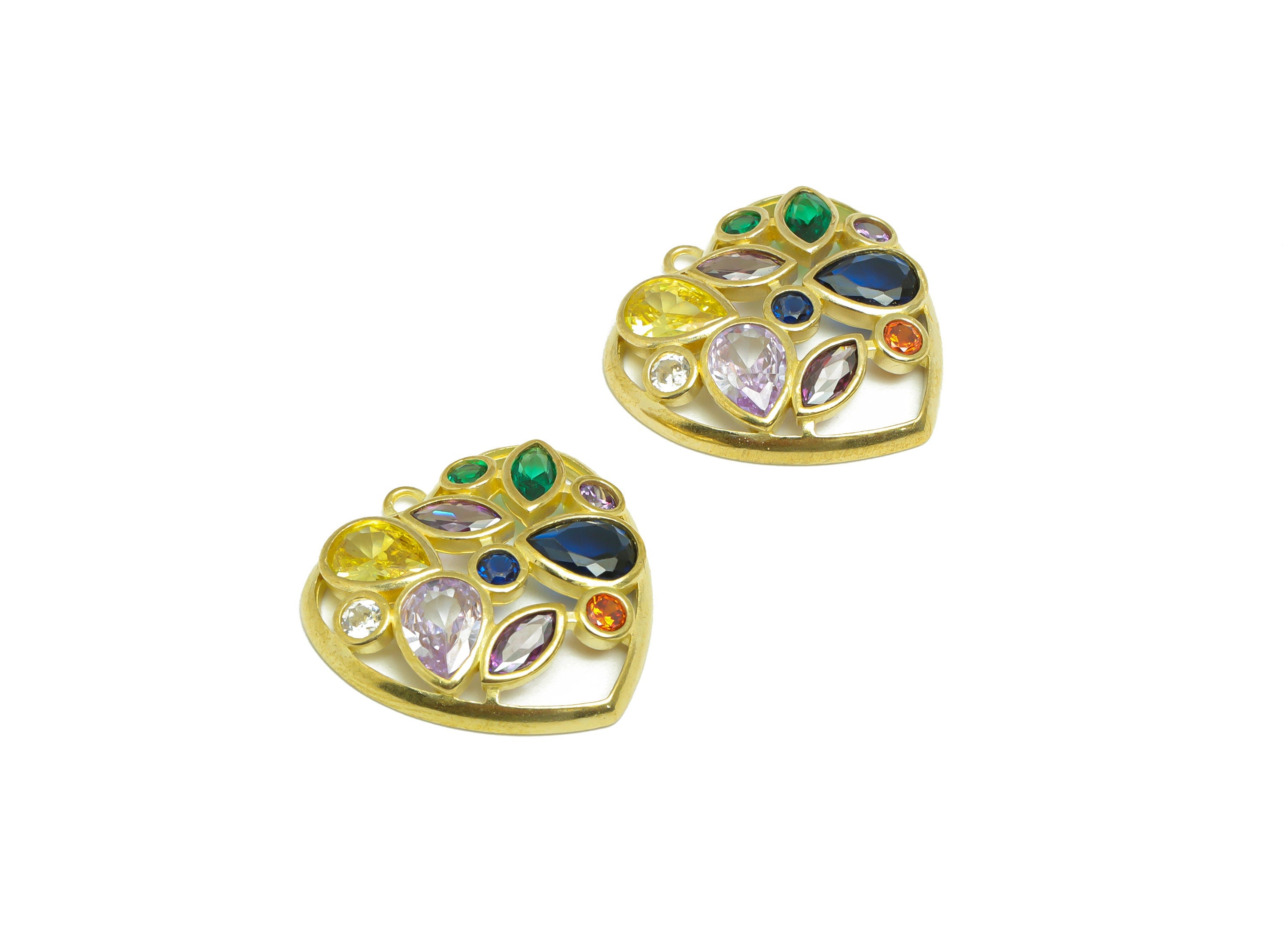 Brass CZ Heart Earring Charm - Brass Drop Cubic Zircon Earring Pendant - Raw Brass Teardrop CZ Rainbow Earring Charm - 22.2x22x3mm - PP9625 - DOMEDBAZAAR