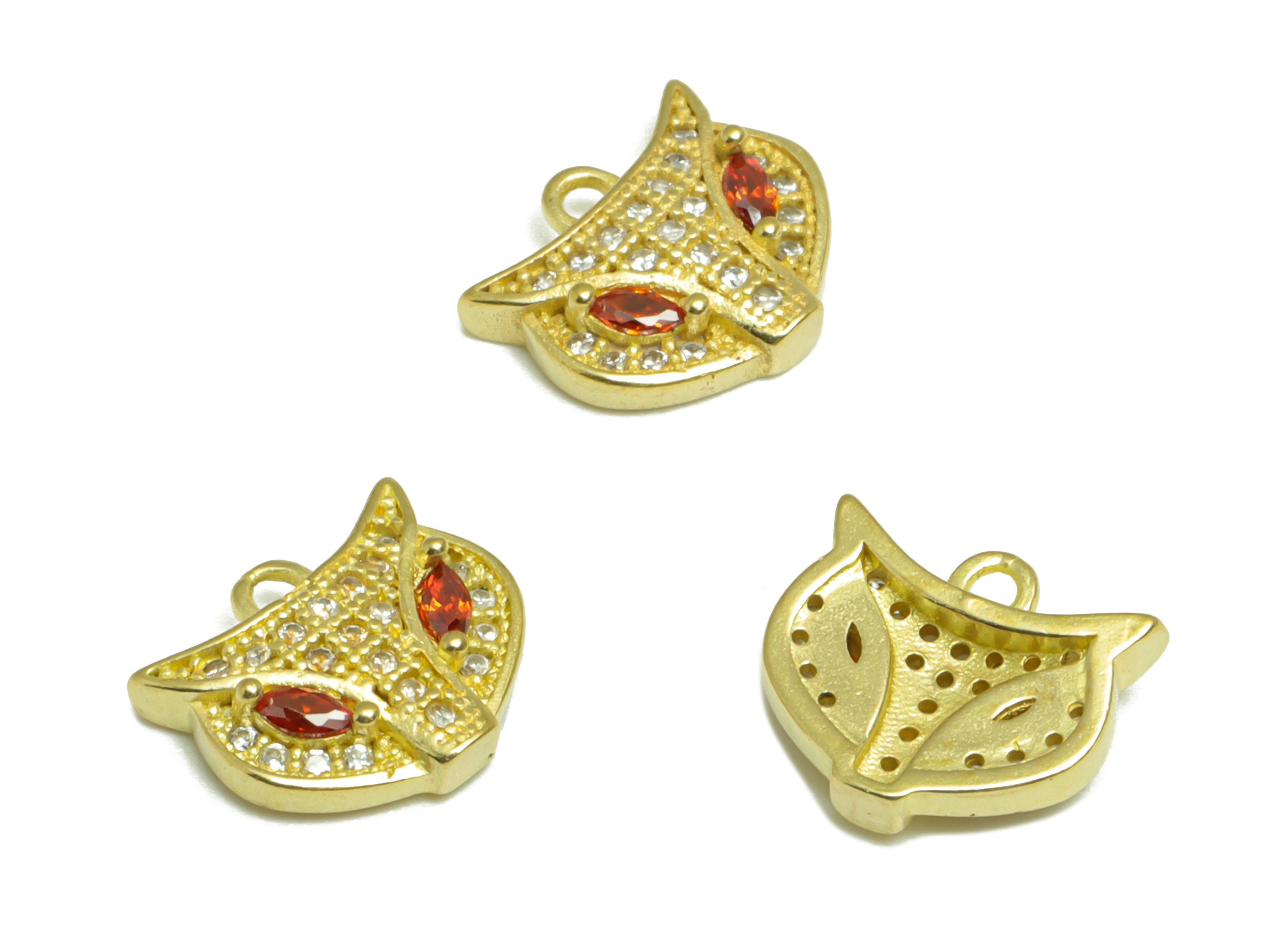 Brass CZ Owl Earring Charm - Brass Owl Cubic Zircon Earring Pendant - Raw Brass Red CZ Owl Earring Charm - 10.82x9.5x3.11mm - PP9632 - DOMEDBAZAAR