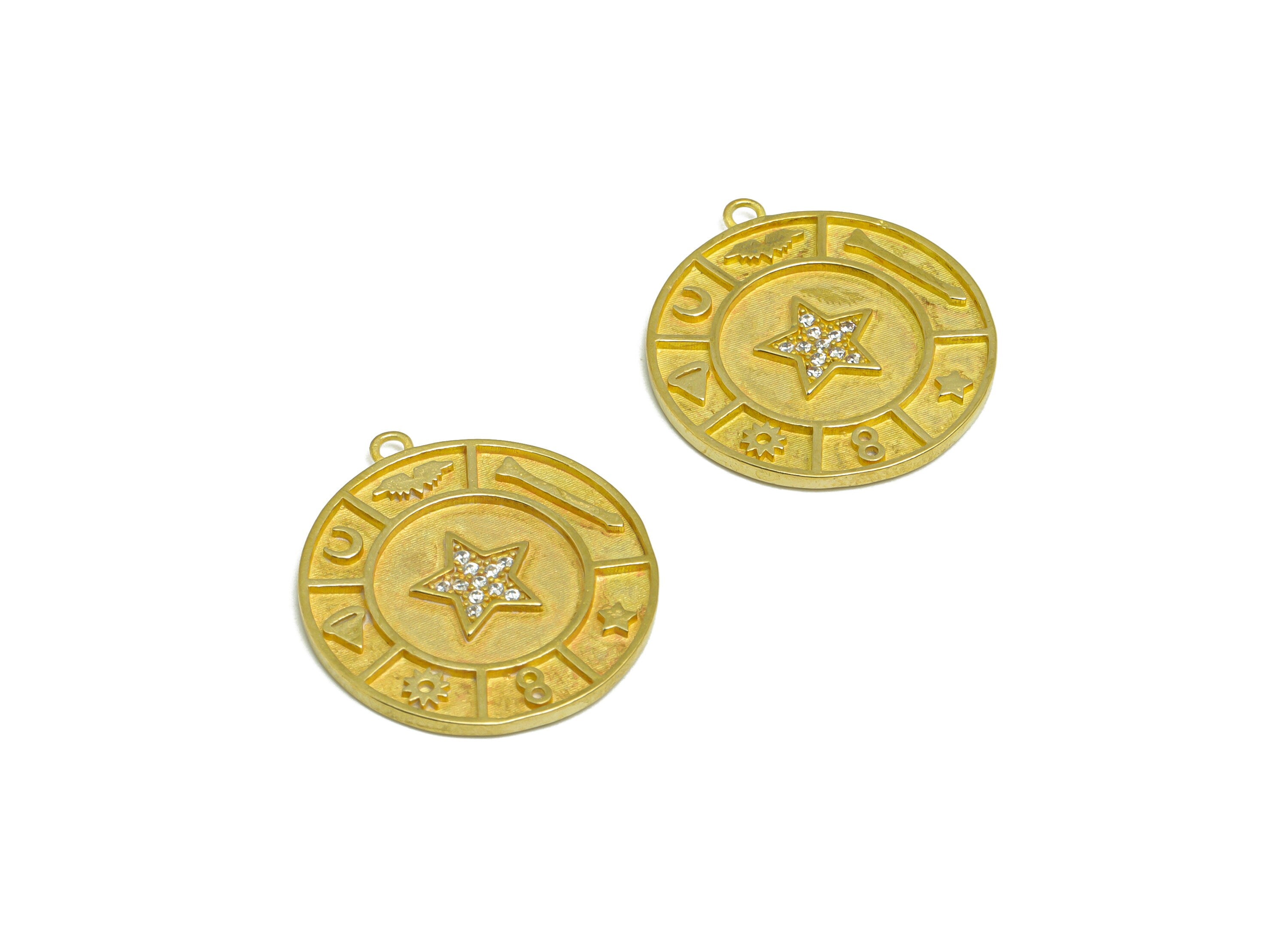 Brass CZ Star Earring Charm - Brass Cubic Zircon Crescent Earring Pendant - Raw Brass Textured CZ Earring Charm - 25.2x23x1.77mm - PP9623 - DOMEDBAZAAR