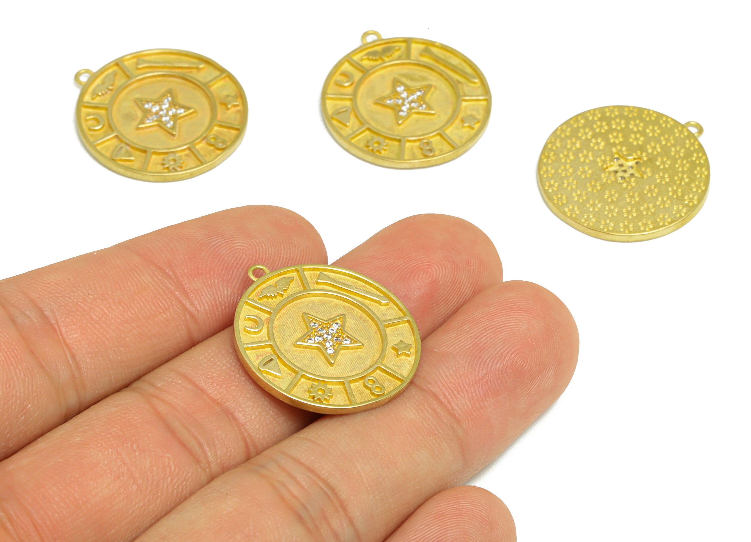 Brass CZ Star Earring Charm - Brass Cubic Zircon Crescent Earring Pendant - Raw Brass Textured CZ Earring Charm - 25.2x23x1.77mm - PP9623 - DOMEDBAZAAR