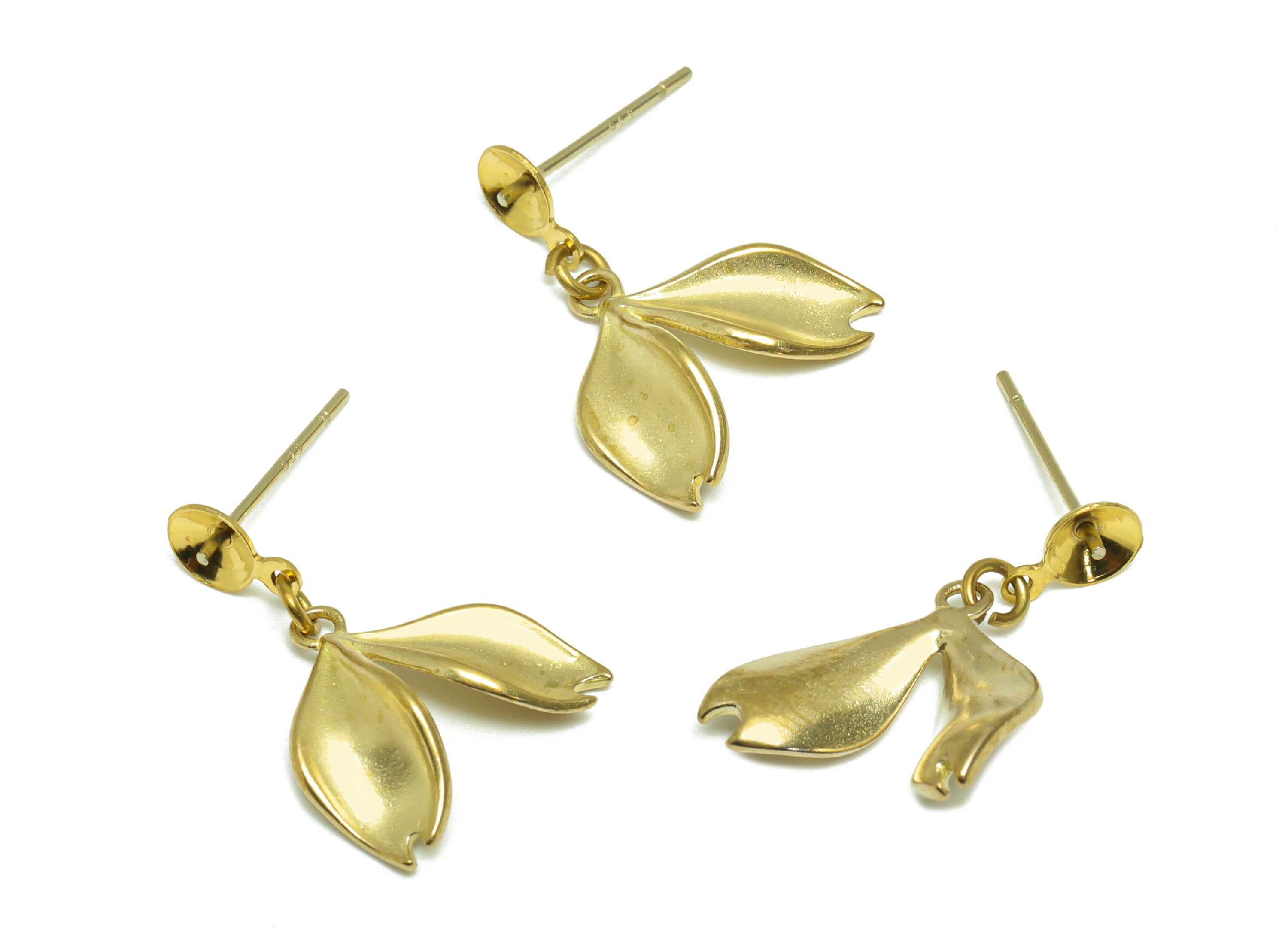Brass Dangle Earring Stud - Raw Brass Curly Leaf Earring Post - Brass Leaf Pearl Setting For Earring - 22x15.7x4.72mm - PP9633 - DOMEDBAZAAR