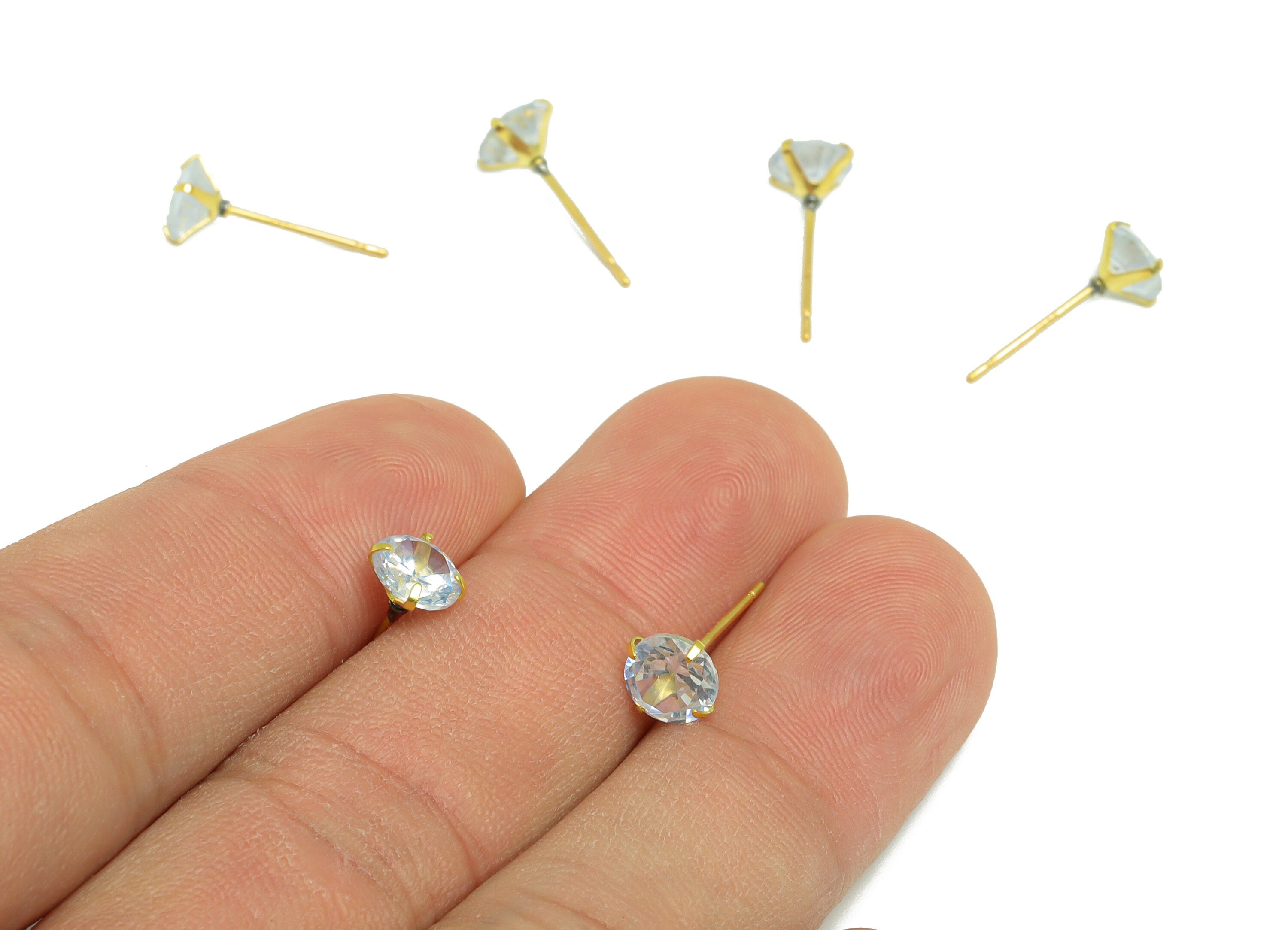 6mm CZ Minimalist Earring - Raw Brass Circle Zircon Earring Post - Brass Cubic Zircon Earring Post - 925 Silver Stud - 16x6x3.5mm - PP9886-6 - DOMEDBAZAAR