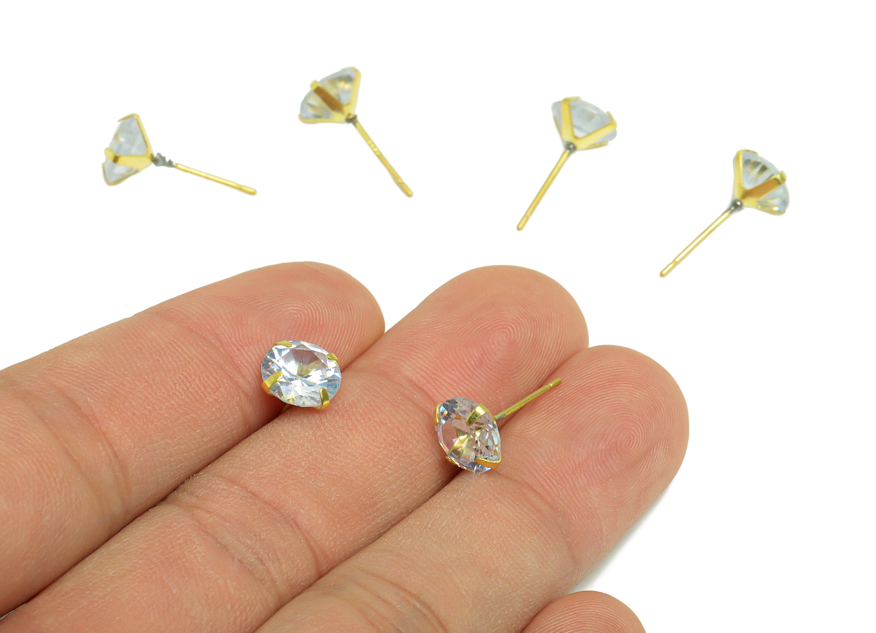 8mm CZ Minimalist Earring - Raw Brass Circle Zircon Earring Post - Brass Cubic Zircon Earring Post - 925 Silver Stud - 17x8x5.3mm - PP9886-8 - DOMEDBAZAAR