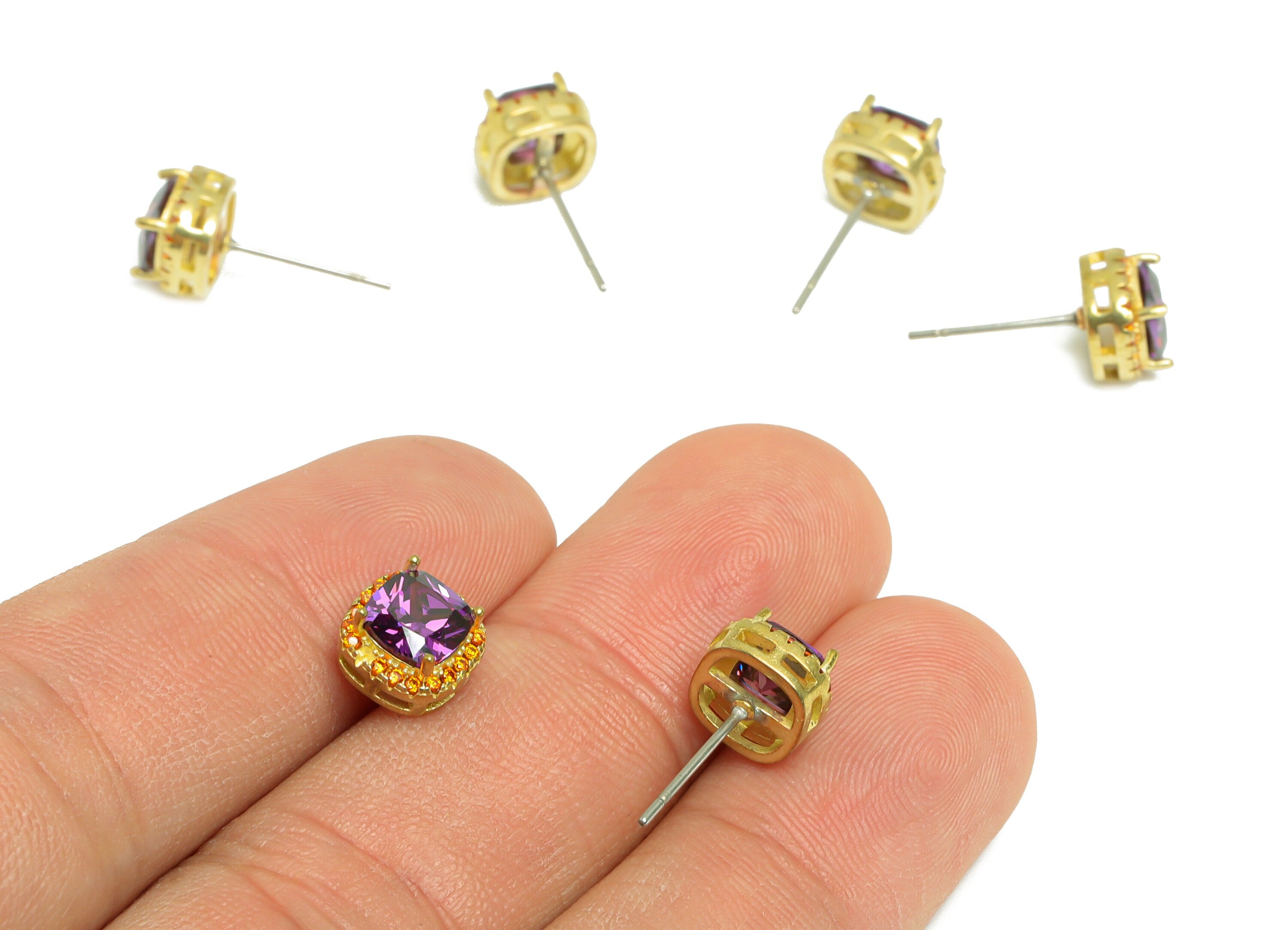 D-Amethyst (CZ-10) Zircon Earring Post - Raw Brass Orange Red (CZ-12) Zircon Earring Post - Cubic Zircon Earring Post - 17x8x5mm - PP9851C - DOMEDBAZAAR
