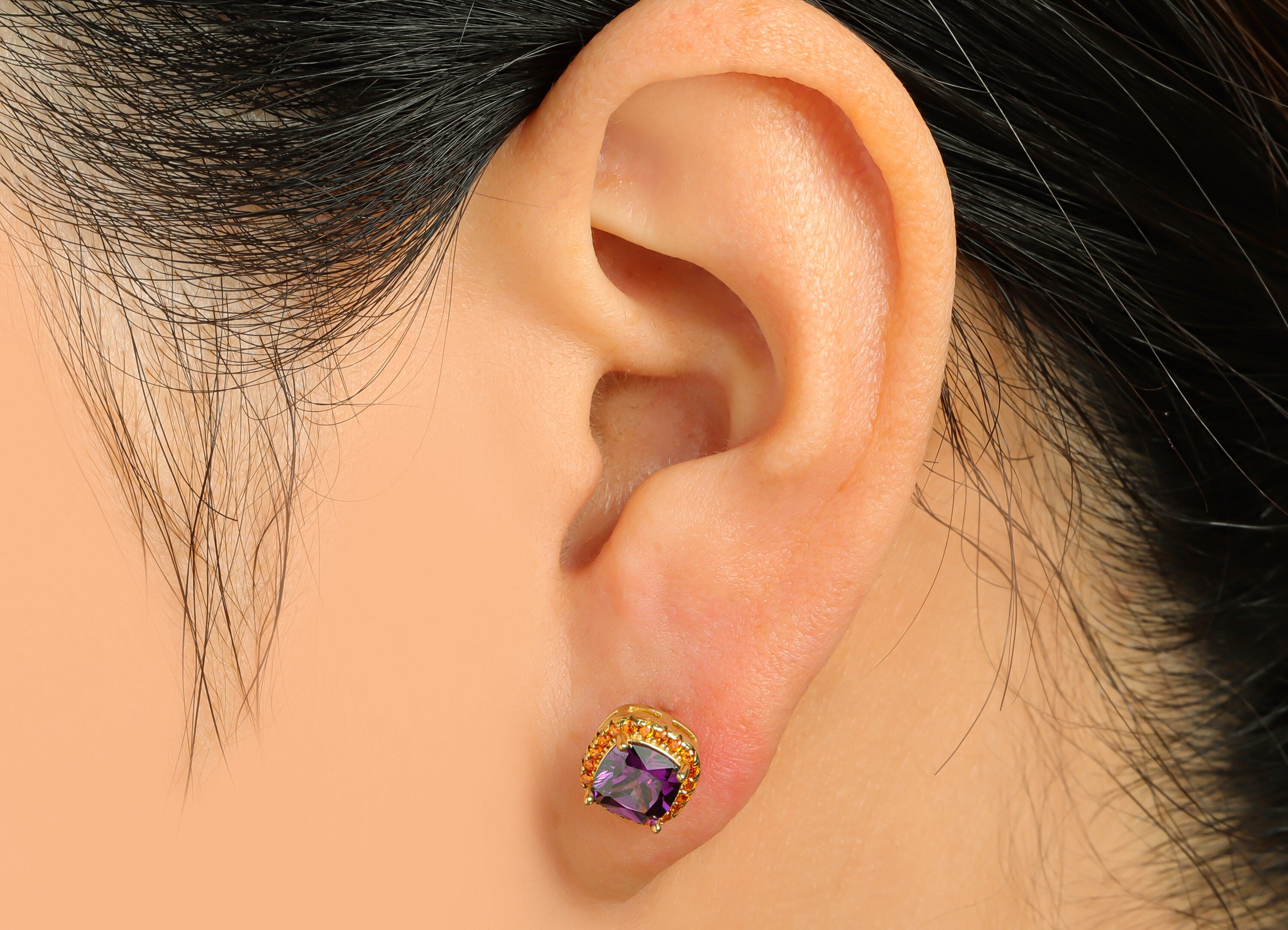 D-Amethyst (CZ-10) Zircon Earring Post - Raw Brass Orange Red (CZ-12) Zircon Earring Post - Cubic Zircon Earring Post - 17x8x5mm - PP9851C - DOMEDBAZAAR