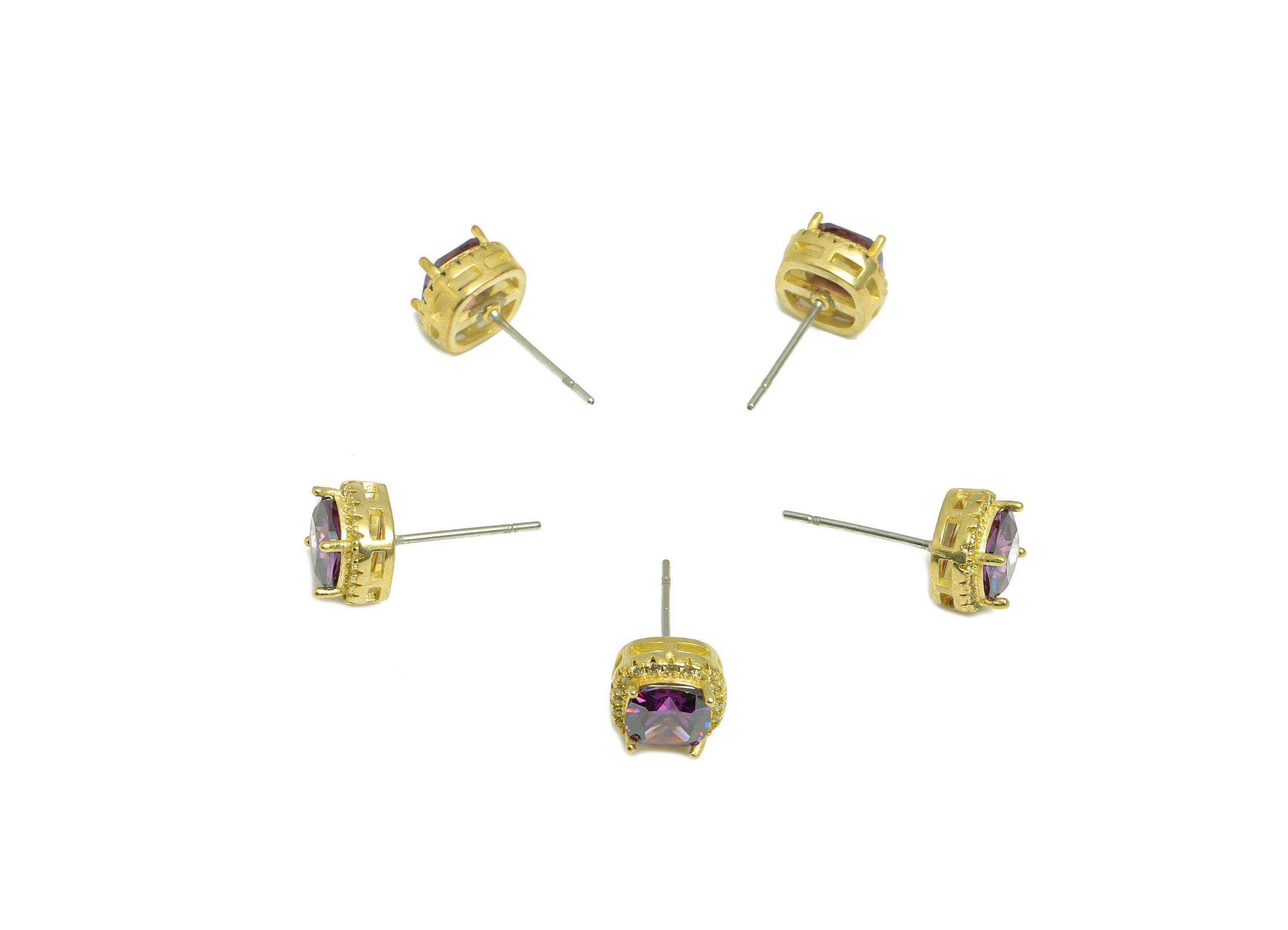 Golden (CZ-05) Zircon Earring Stud - Raw Brass D-Amethyst (CZ-10) Zircon Earring Post - Cubic Zircon Earring Post - 17x8x5mm - PP9851G - DOMEDBAZAAR