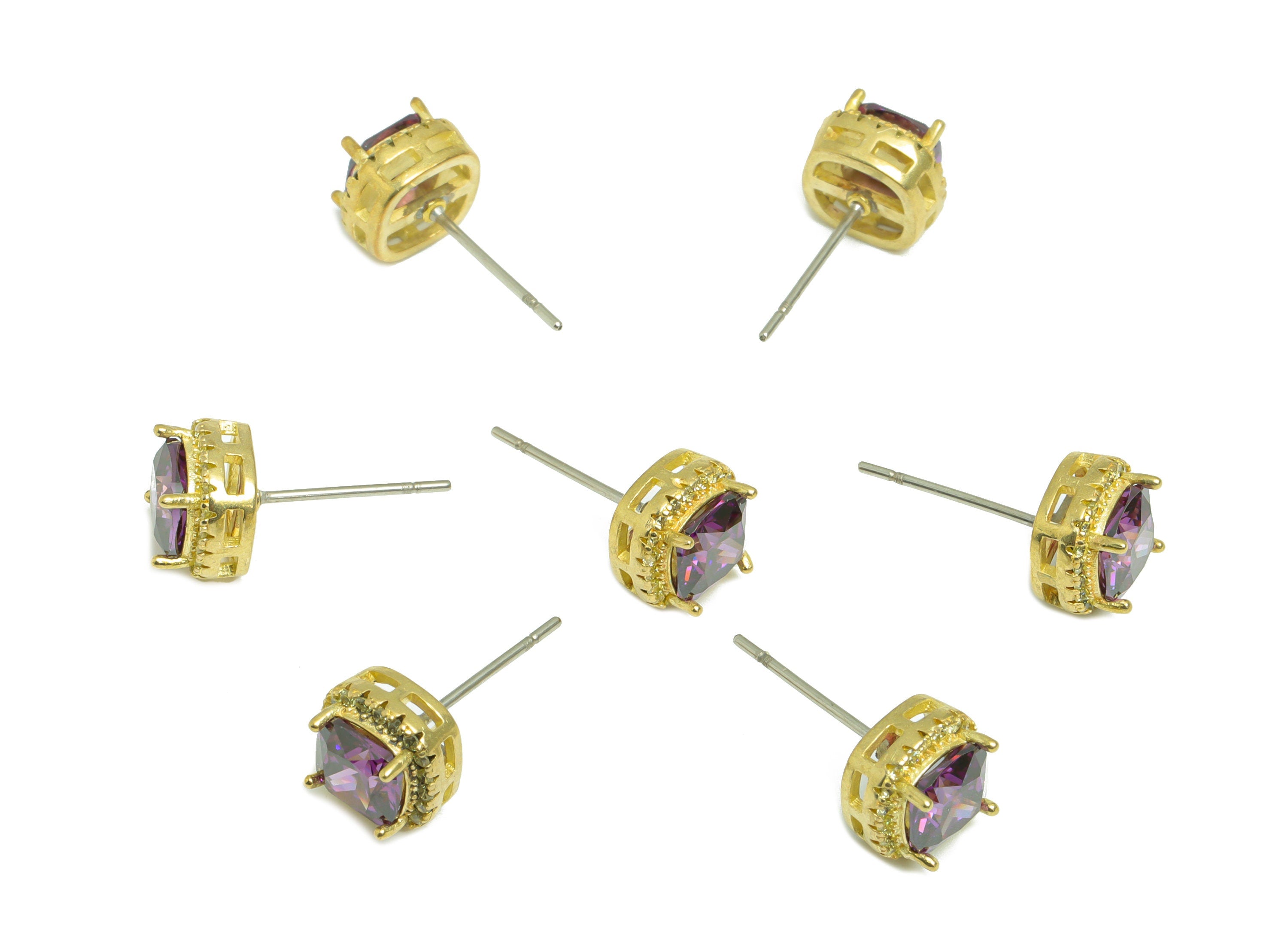 Golden (CZ-05) Zircon Earring Stud - Raw Brass D-Amethyst (CZ-10) Zircon Earring Post - Cubic Zircon Earring Post - 17x8x5mm - PP9851G - DOMEDBAZAAR