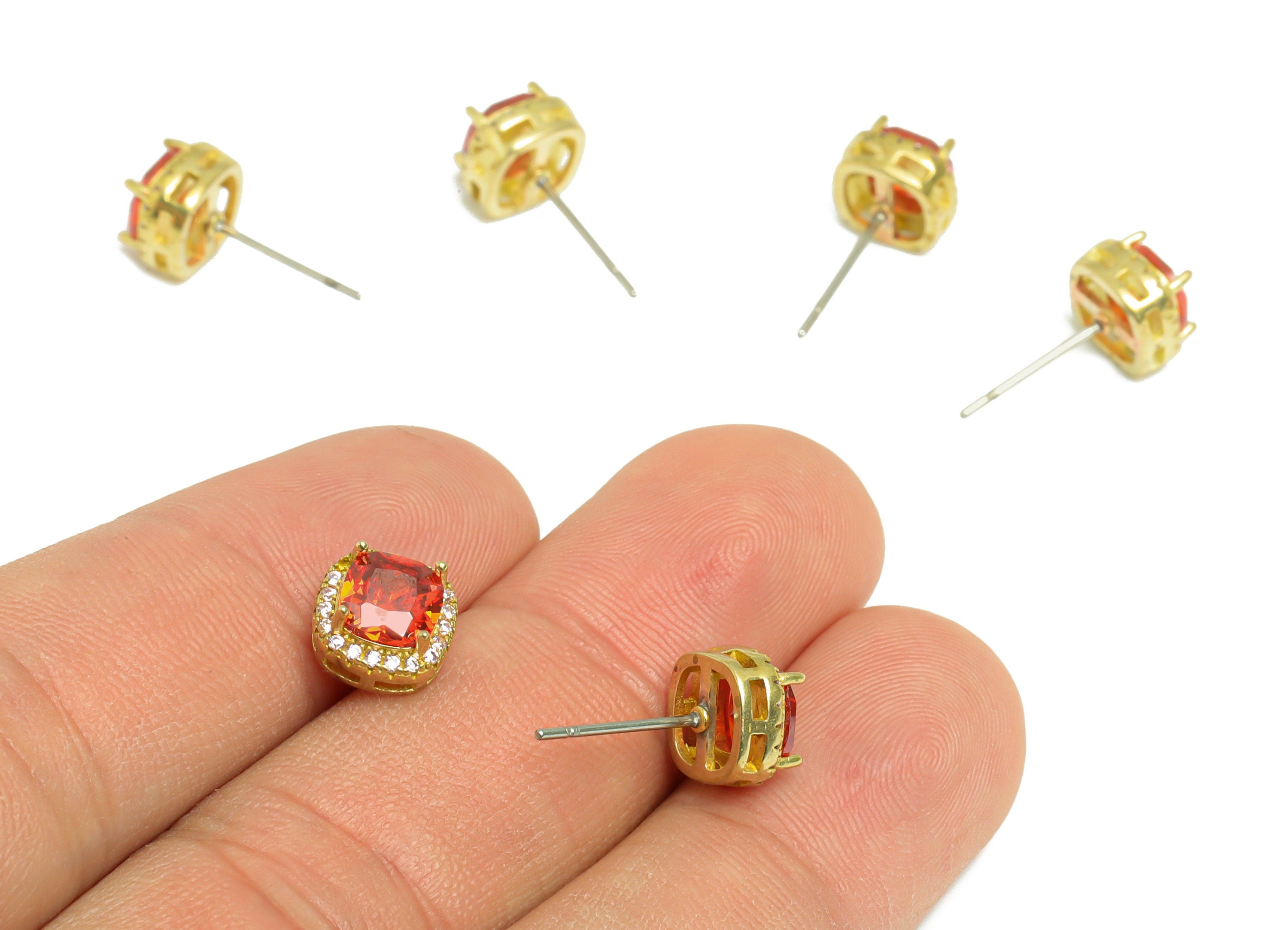 Orange red(CZ-12) Zircon Earring Stud - Raw Brass Pink (CZ-01) Zircon Earring Post - Cubic Zircon Earring Post - 17x8x5mm - PP9851M - DOMEDBAZAAR