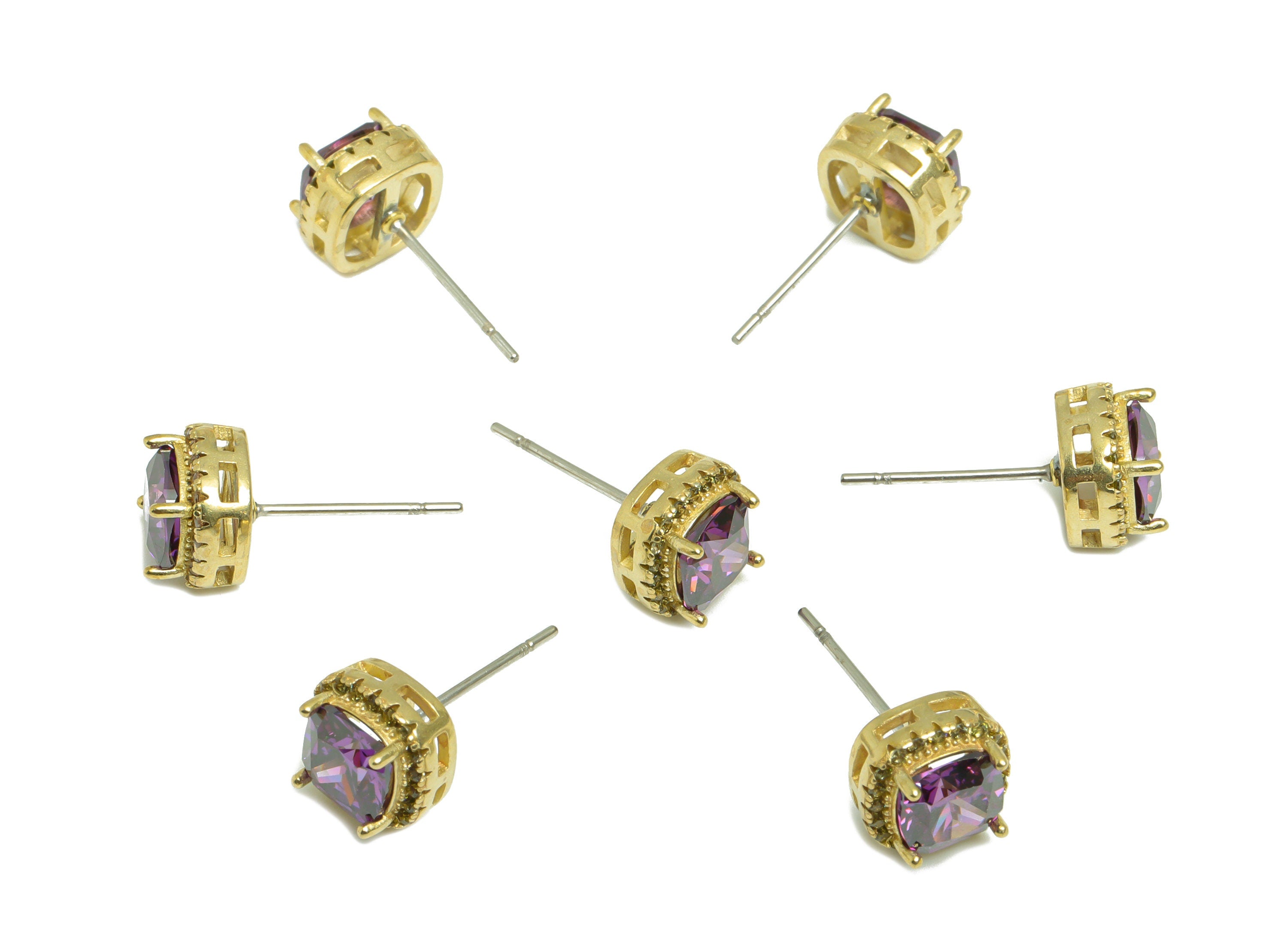 Peridot (CZ-15) Zircon Earring Stud - Raw Brass D-Amethyst (CZ-10) Zircon Earring Post - Cubic Zircon Earring Post - 18x8.2x6.1mm - PP9851N - DOMEDBAZAAR