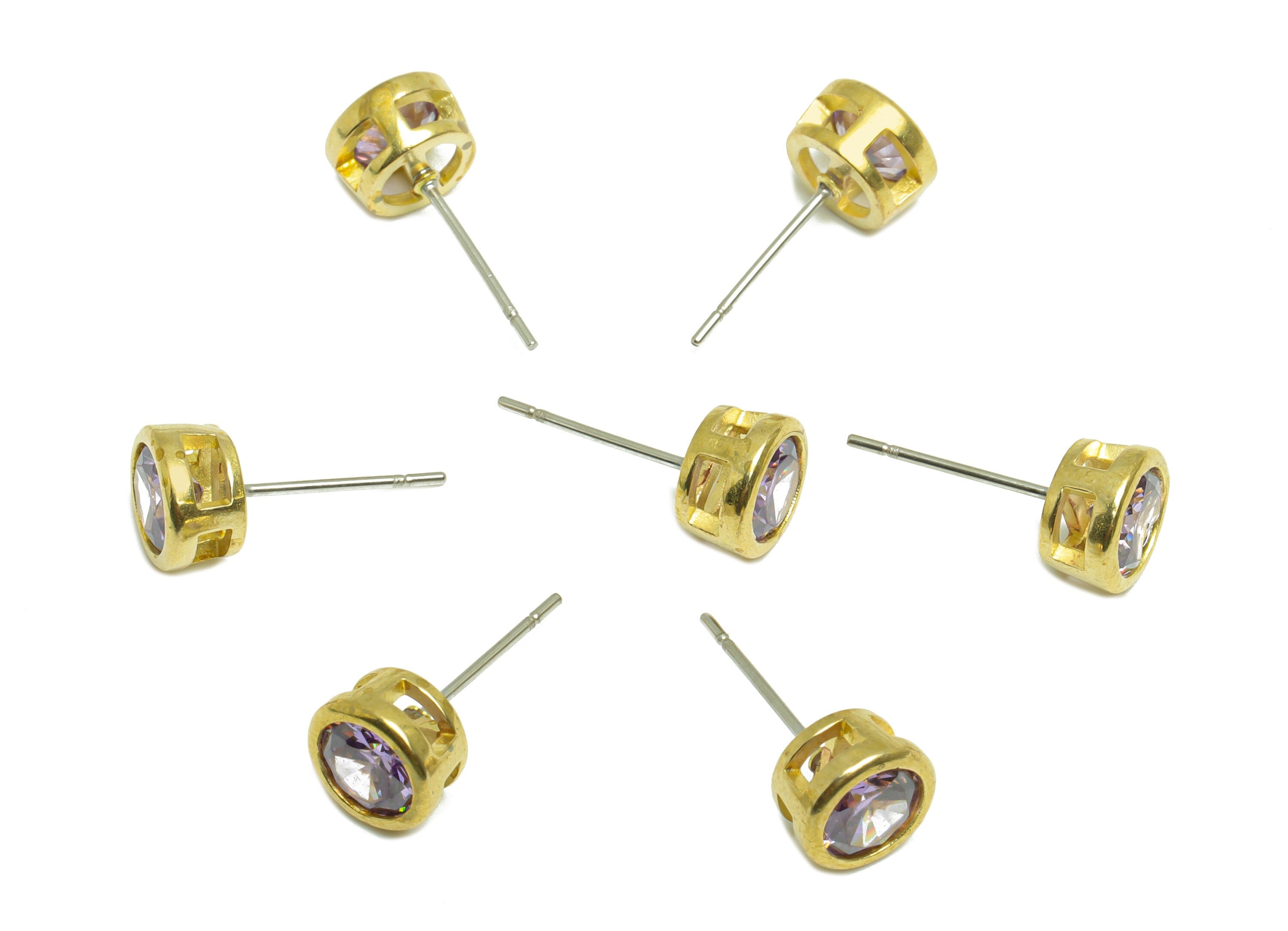 light Amethyst (CZ-09L) Zircon Earring Stud - Raw Brass Round Earring Post - Cubic Zircon Earring Post - 16.6x7.68x5.5mm - PP9682Y - DOMEDBAZAAR