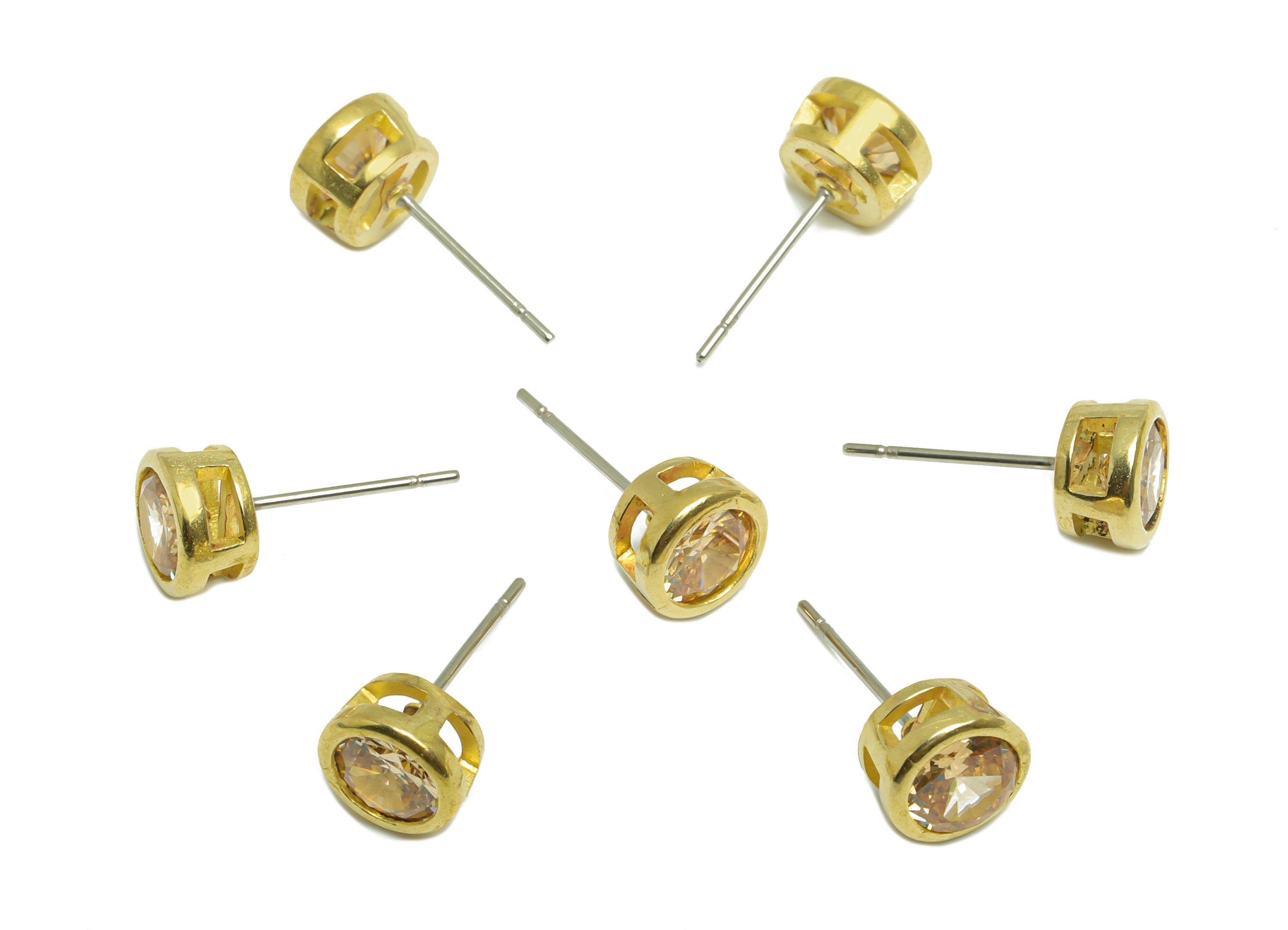 Champagne(CZ-19) Zircon Earring Stud - Raw Brass Round Earring Post - Cubic Zircon Earring Post - 16.6x7.68x5.5mm - PP9682X - DOMEDBAZAAR