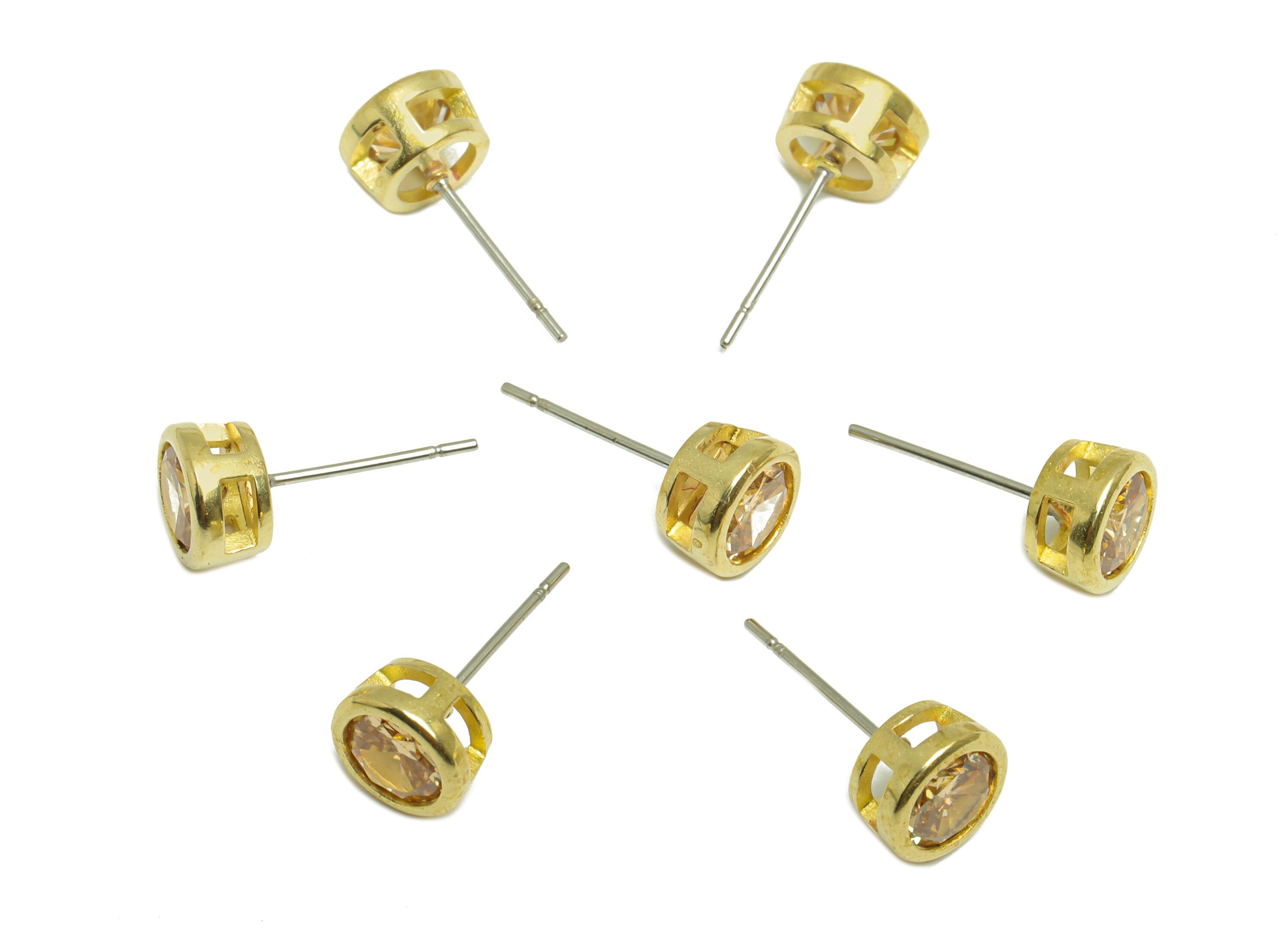 Champagne (CZ-19) Zircon Earring Stud - Raw Brass Round Earring Post - Cubic Zircon Earring Post - 16.6x7.68x5.5mm - PP9682R - DOMEDBAZAAR