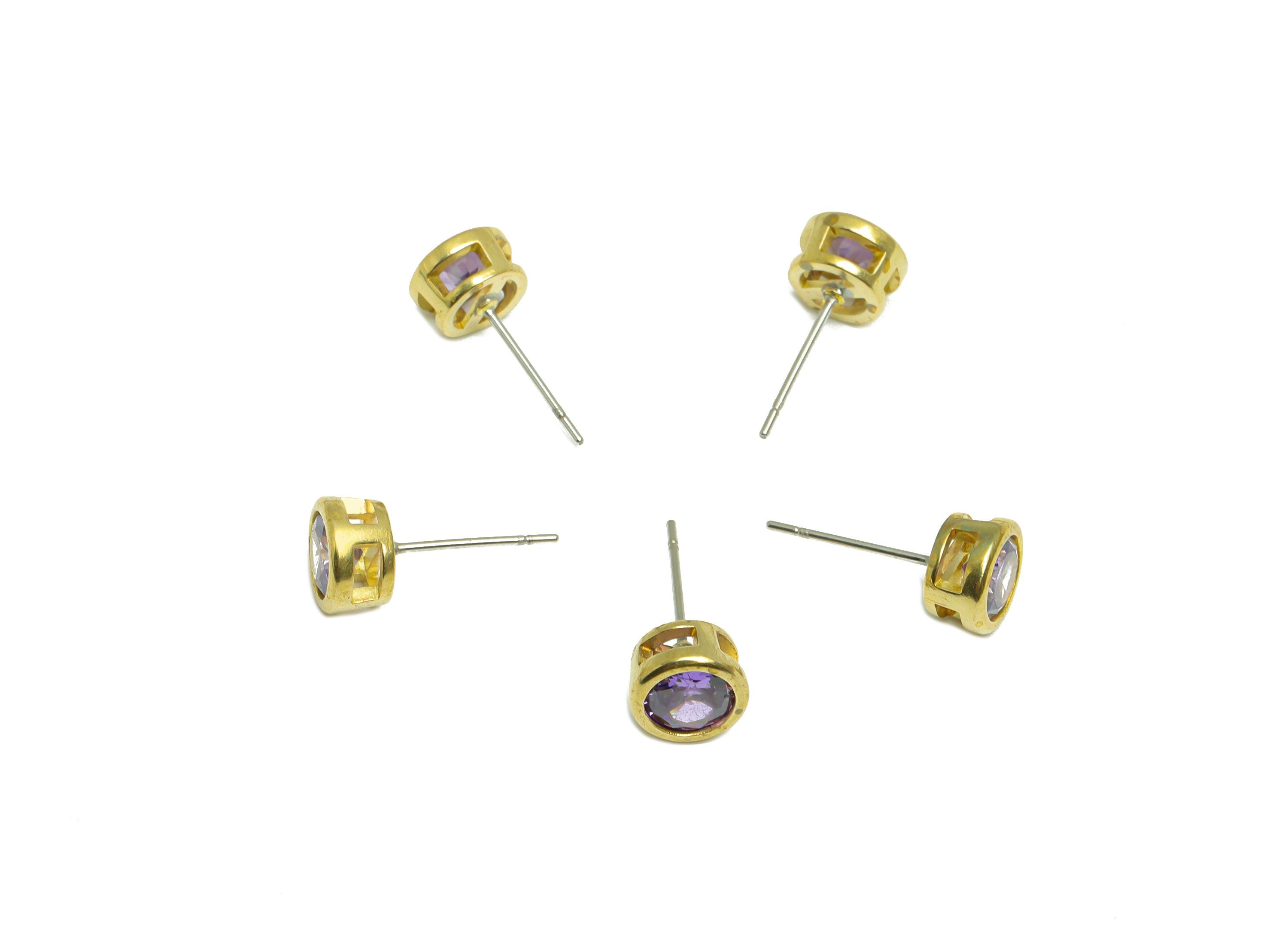 Amethyst (CZ-09) Zircon Earring Stud - Raw Brass Round Earring Post - Cubic Zircon Earring Post - 16.6x7.68x5.5mm - PP9682Q - DOMEDBAZAAR