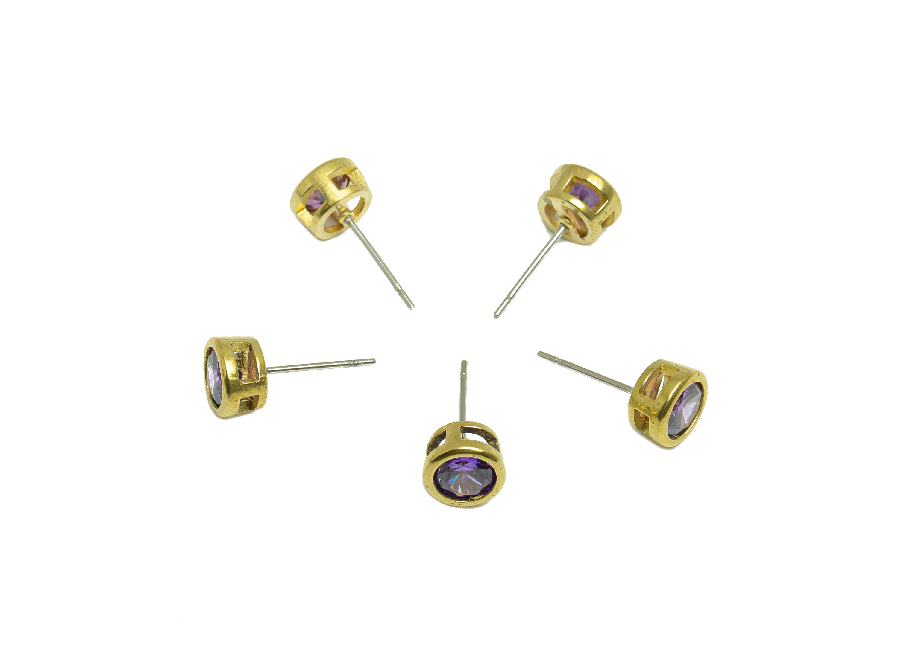 Deep Violet (CZ-08) Zircon Earring Stud - Raw Brass Round CZ Earring Post - Cubic Zircon Earring Post - 16.6x7.68x5.5mm - PP9682S - DOMEDBAZAAR