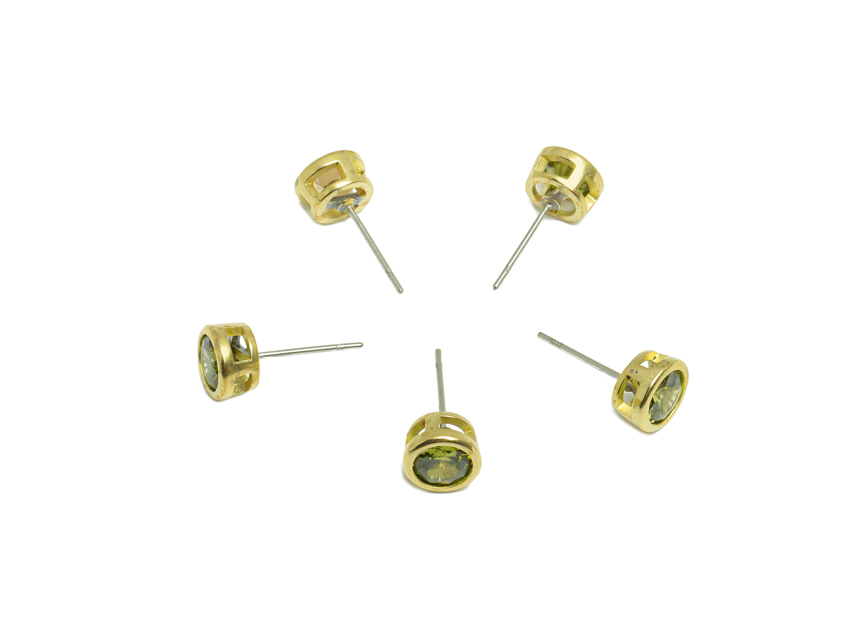 D-Peridot (CZ-16) Zircon Earring Stud - Raw Brass Round CZ Earring Post - Cubic Zircon Earring Post - 16.6x7.68x5.5mm - PP9682L - DOMEDBAZAAR
