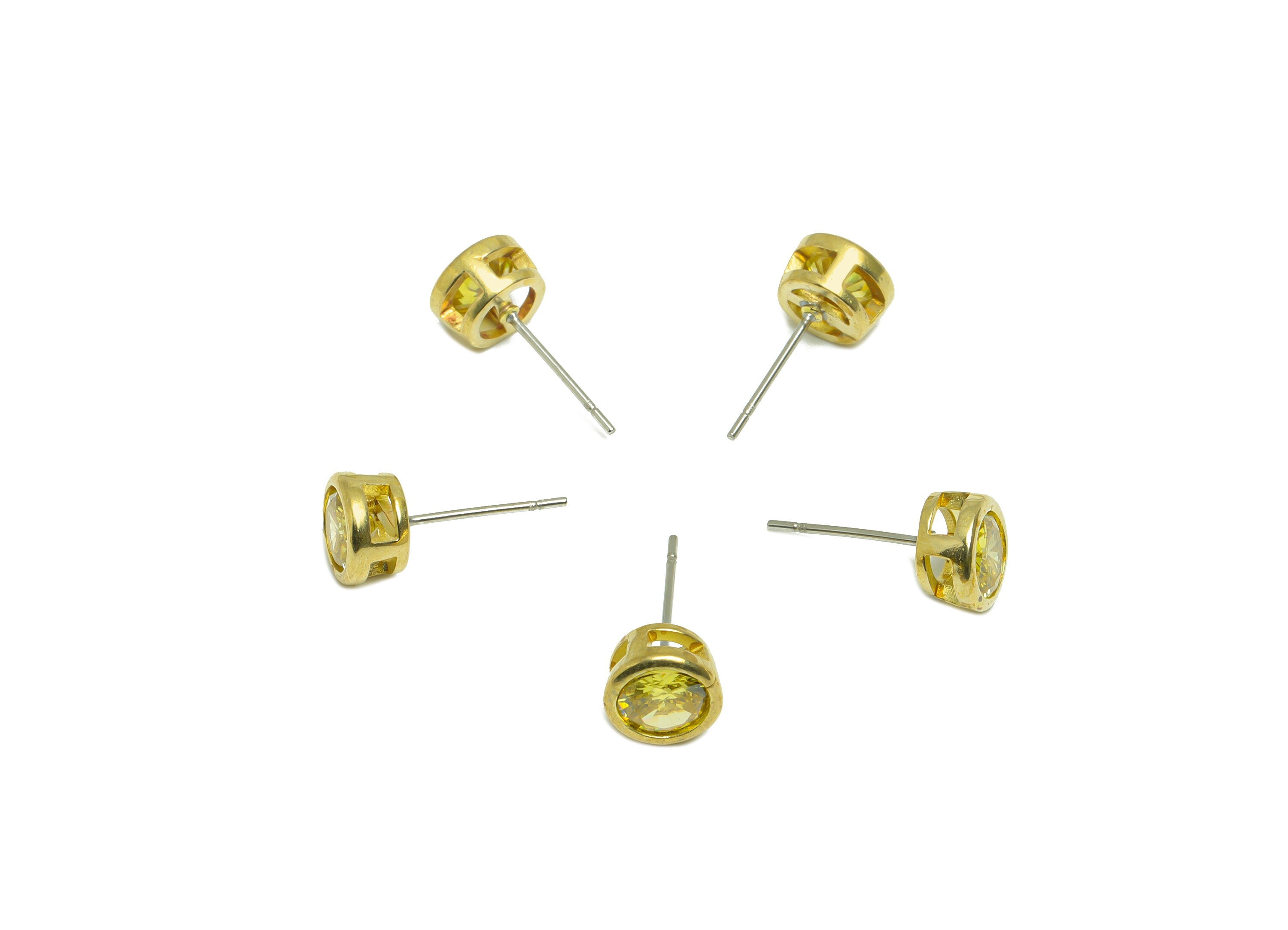 Golden (CZ-05) Zircon Earring Stud - Raw Brass Round CZ Earring Post - Cubic Zircon Earring Post - 16.6x7.68x5.5mm - PP9682M - DOMEDBAZAAR