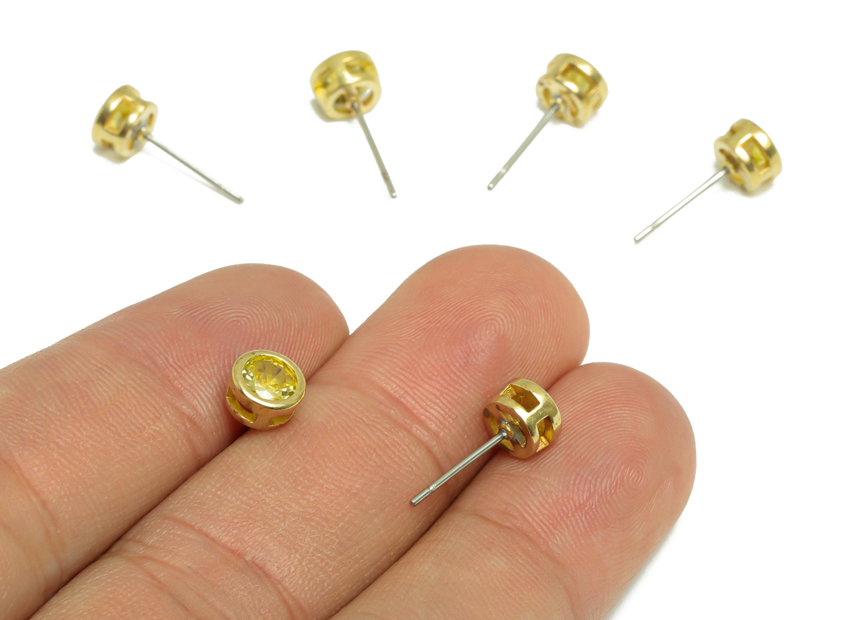 Golden (CZ-05) Zircon Earring Stud - Raw Brass Minimalist CZ Earring Post - Cubic Zircon Earring Post - 16.04x6.6x4.4mm - PP9838B - DOMEDBAZAAR