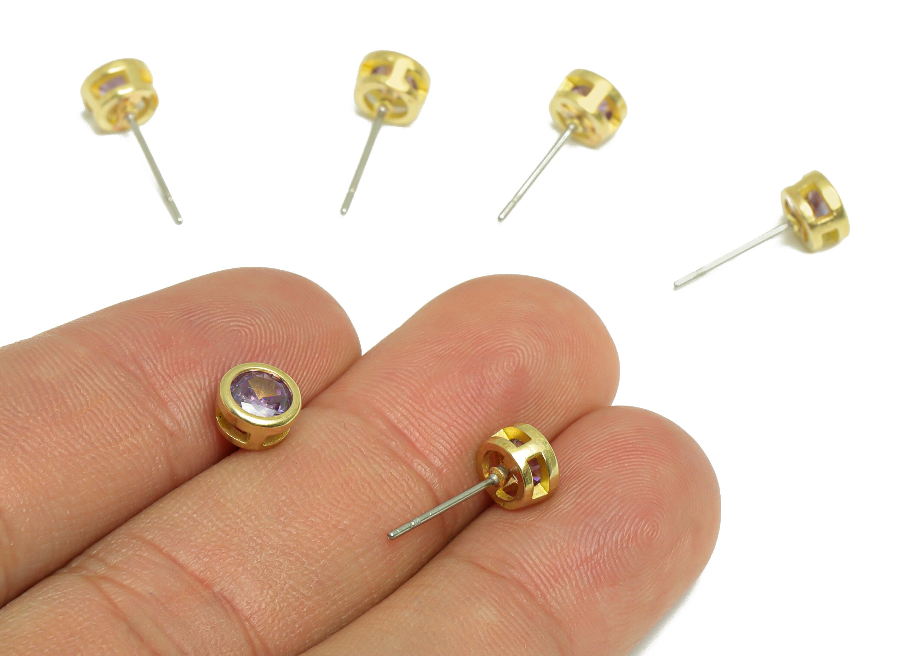 light Amethyst (CZ-09L) Zircon Earring Stud - Raw Brass Minimalist CZ Earring Post - Cubic Zircon Earring Post - 16.04x6.6x4.4mm - PP9838C - DOMEDBAZAAR