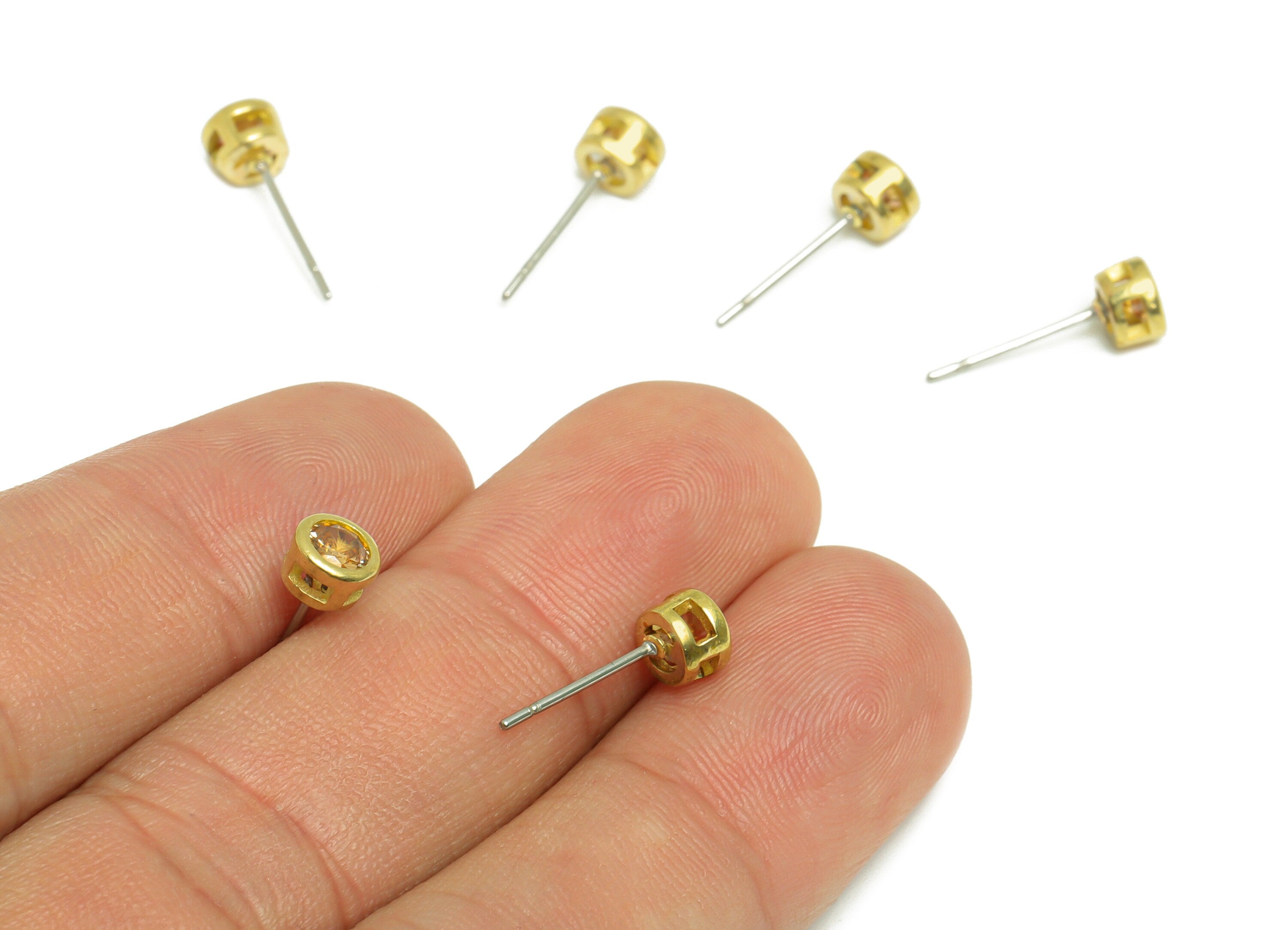 Deep Champagne (CZ-20) Zircon Earring Stud - Raw Brass Minimalist CZ Earring Post - Cubic Zircon Earring Post - 15.6x5.4x3.5mm - PP9825L - DOMEDBAZAAR