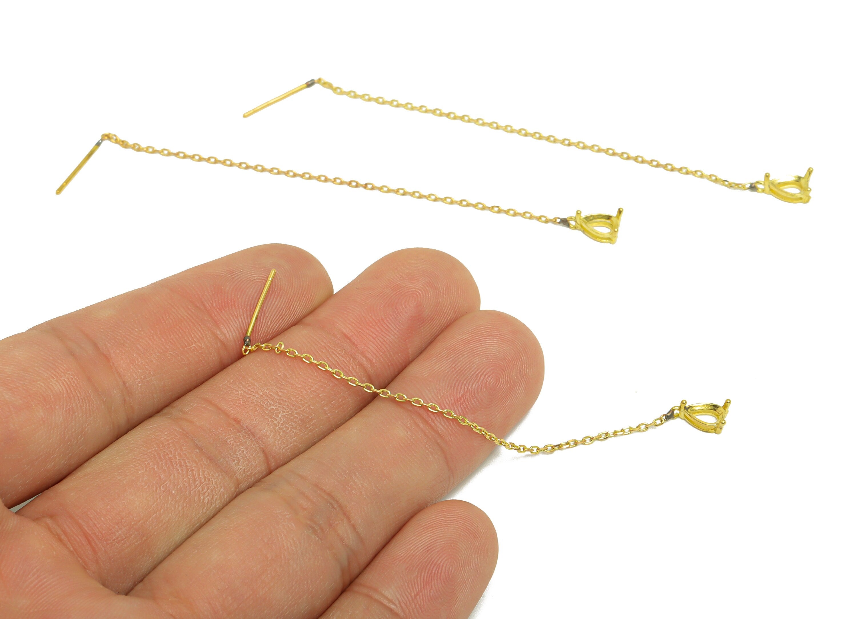 Drop CZ Setting Chain Earring Stud - Raw Brass Teardrop Chain Tassel - Zircon 3*4mm Setting Earring - 90.5x4.4x3.8mm - PP10307 - DOMEDBAZAAR