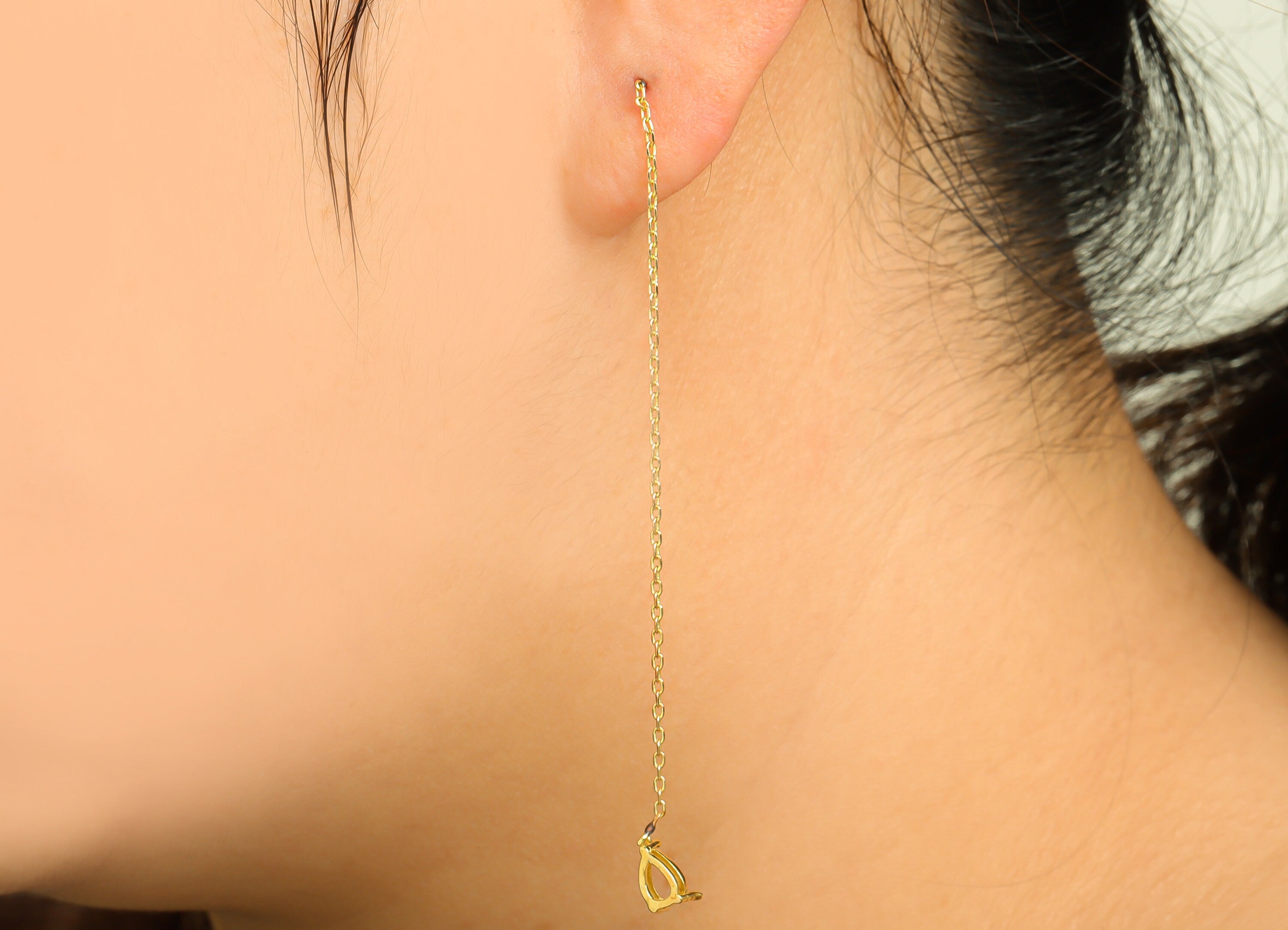 Drop CZ Setting Chain Earring Stud - Raw Brass Teardrop Chain Tassel - Zircon 3*4mm Setting Earring - 90.5x4.4x3.8mm - PP10307 - DOMEDBAZAAR