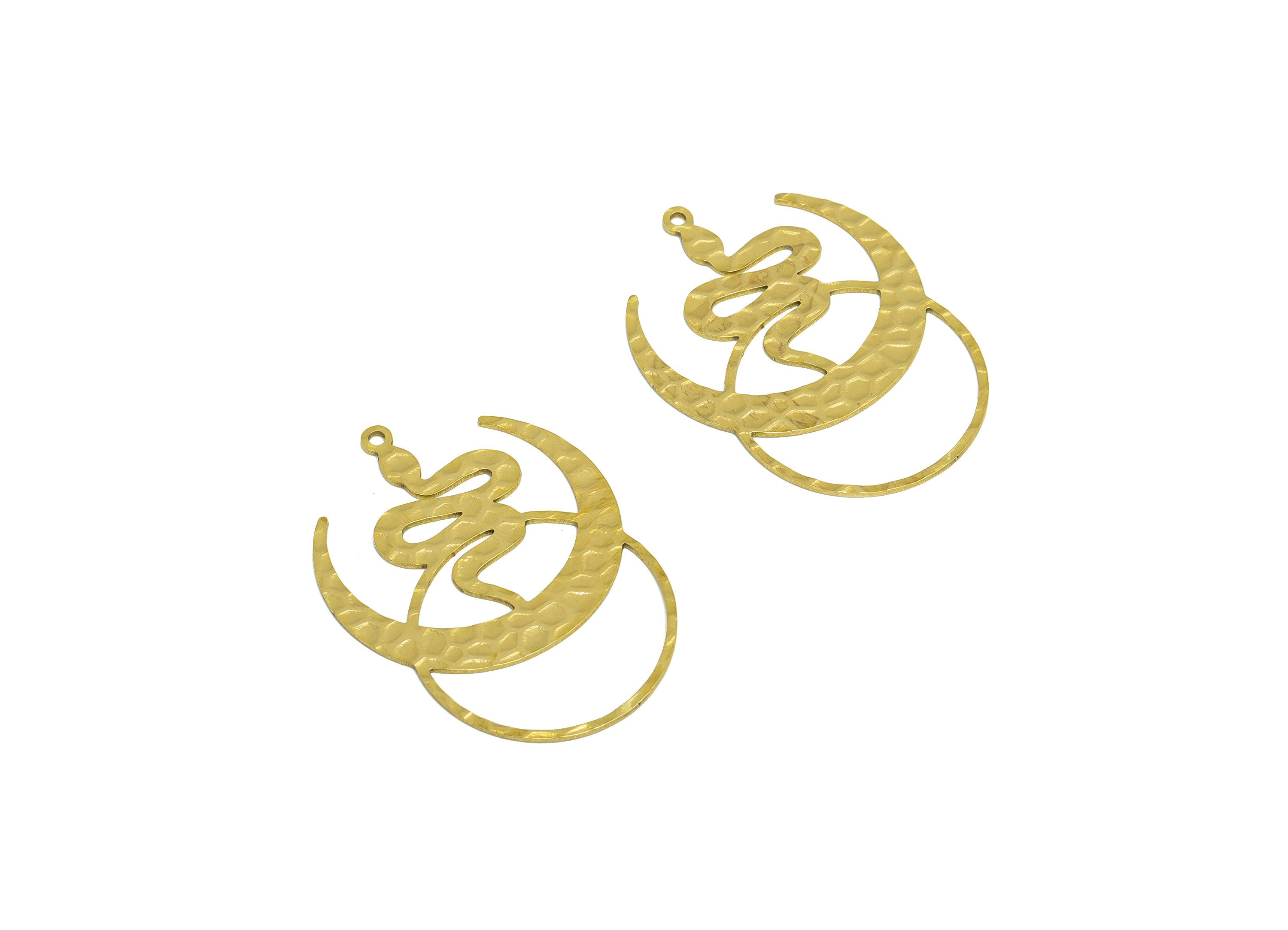 Hammered Snake Earring Charm - Raw Brass Crescent Earring Charm - Brass Hammered Snake Pendant - Moon Snake Charm - 42x30x0.8mm - PP10305 - DOMEDBAZAAR