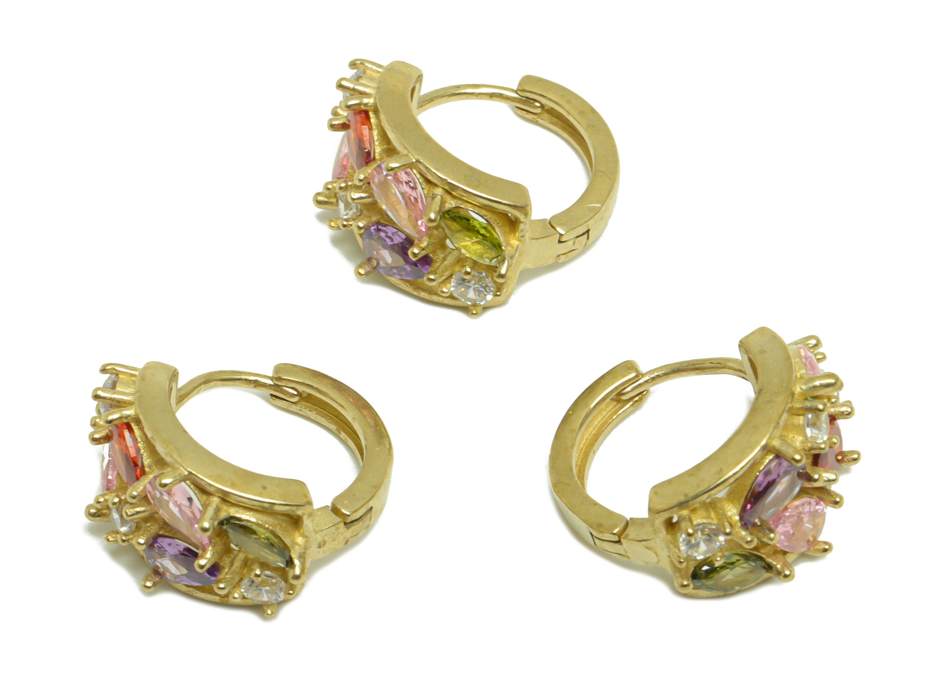 Brass CZ Round Huggie Hoop Earring - Raw Brass Cubic Zircon Hoop Huggie Earring - Brass Rainbow Huggie Hoop Earring - 17.08x16x9mm - PP10333 - DOMEDBAZAAR