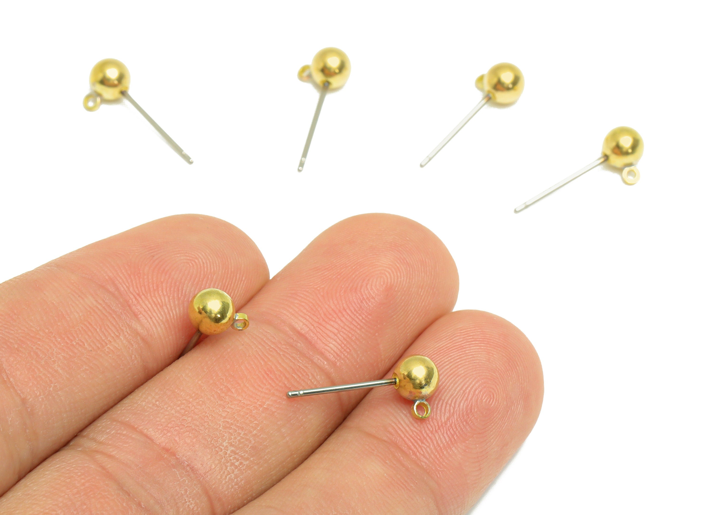 5mm Ball Stud Earrings With Loop - Brass Ball Pad Stud - Brass Bead Earring Post- Earring Charms - Jewelry Supplies - 17.8x7x5mm - PP9977-5 - DOMEDBAZAAR