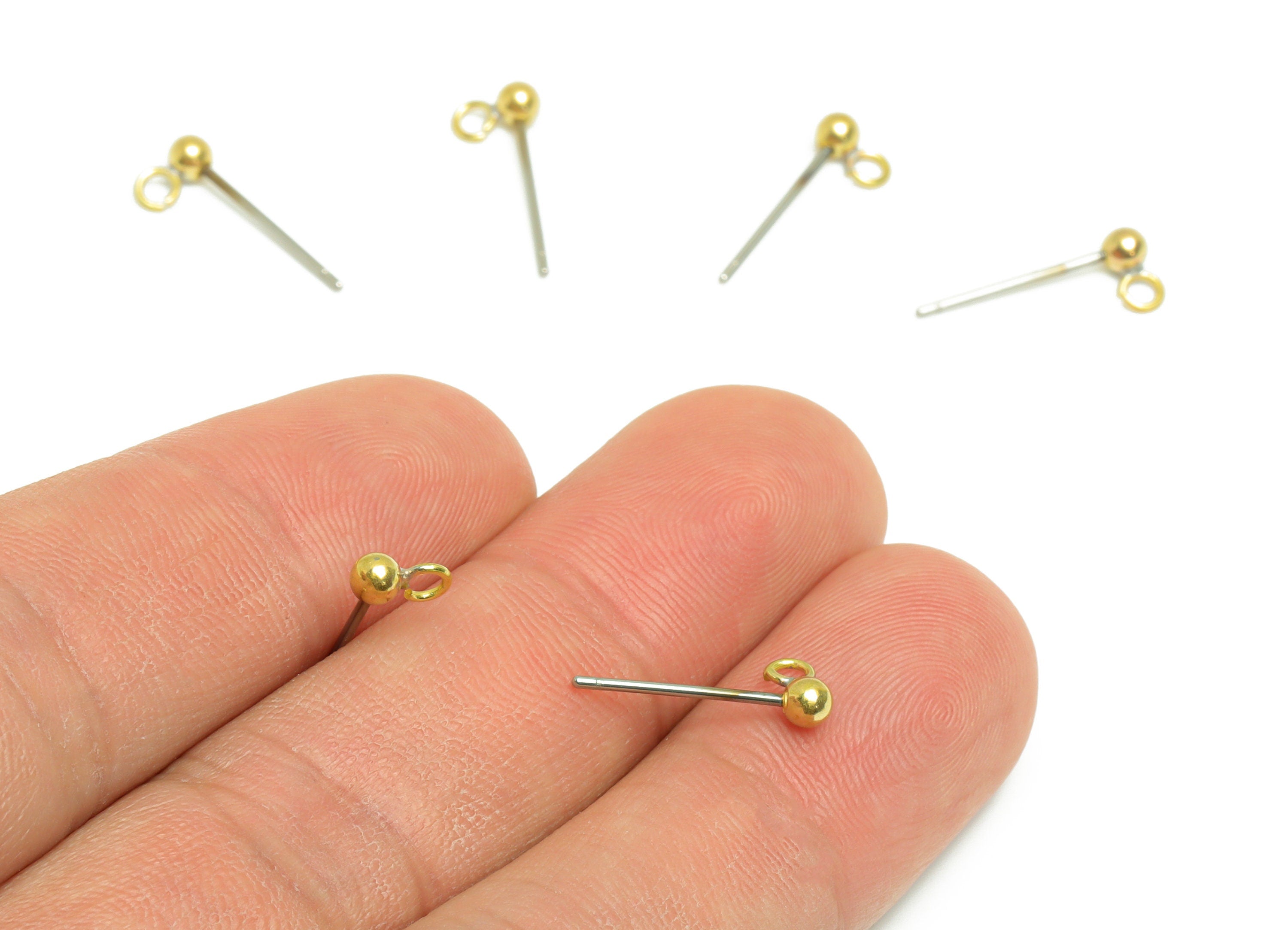 3mm Ball Stud Earrings With Loop - Brass Ball Pad Stud - Brass Bead Earring Post- Earring Open Loop - Jewelry Supplies - 14x5x2mm -PP9899-3 - DOMEDBAZAAR