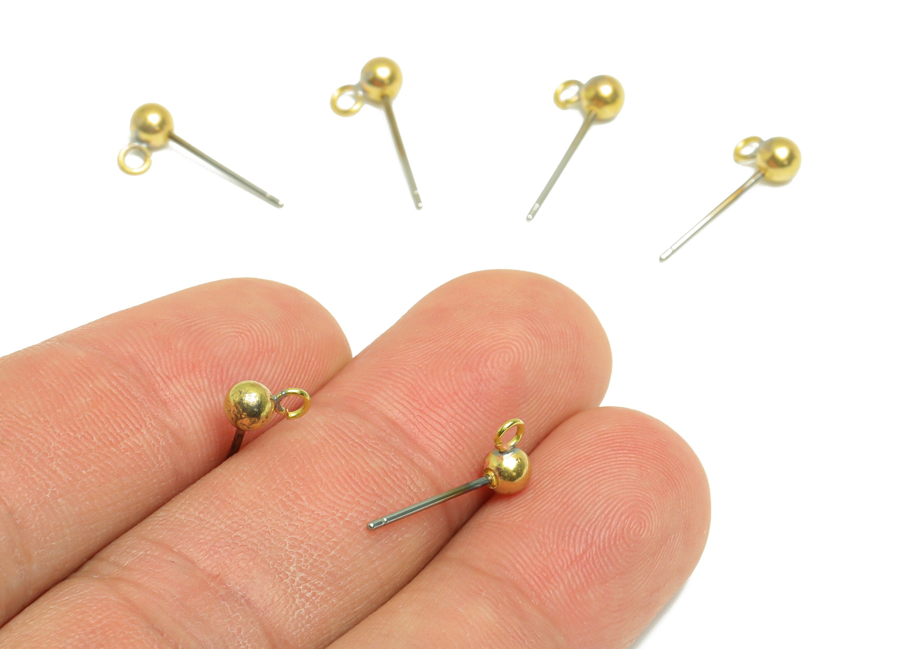 4mm Ball Stud Earrings With Loop - Brass Ball Pad Stud - Brass Bead Earring Post- Earring Open Loop - Jewelry Supplies - 16x7x4mm -PP9899-4 - DOMEDBAZAAR