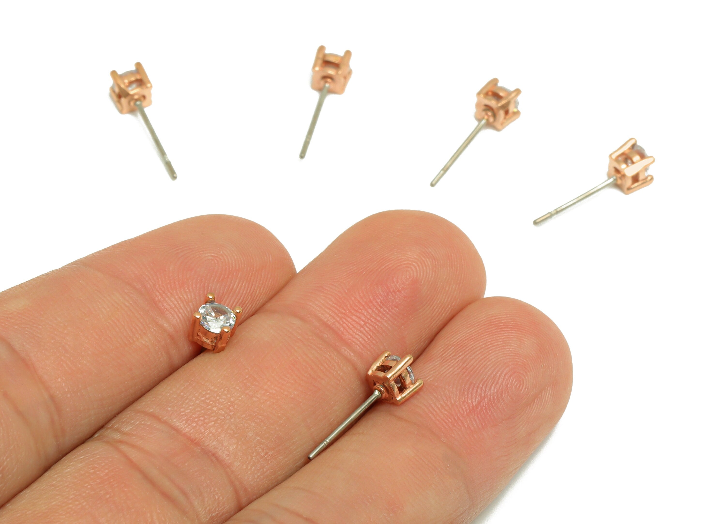 4mm CZ Minimalist Earring  - Raw Brass Rose Gold CZ Earring Post - Cubic Zircon Earring Post - Stainless Steel Stud - 16x4x4.1mm - PP9890-4 - DOMEDBAZAAR