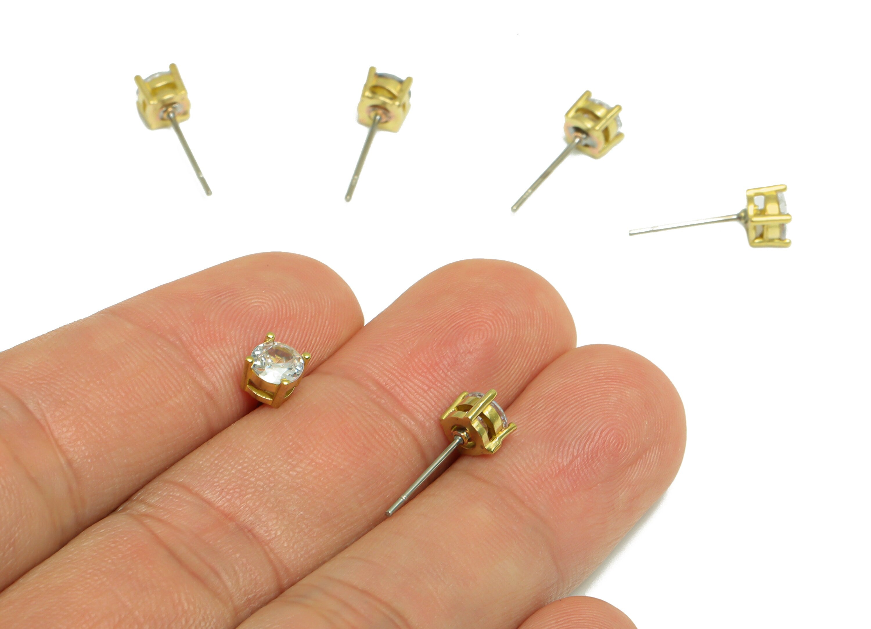 5mm CZ Minimalist Earring  - Raw Brass CZ Earring Post - Cubic Zircon Earring Post - Stainless Steel Stud - 16.4x5.1x4.8mm- PP9890-5 - DOMEDBAZAAR