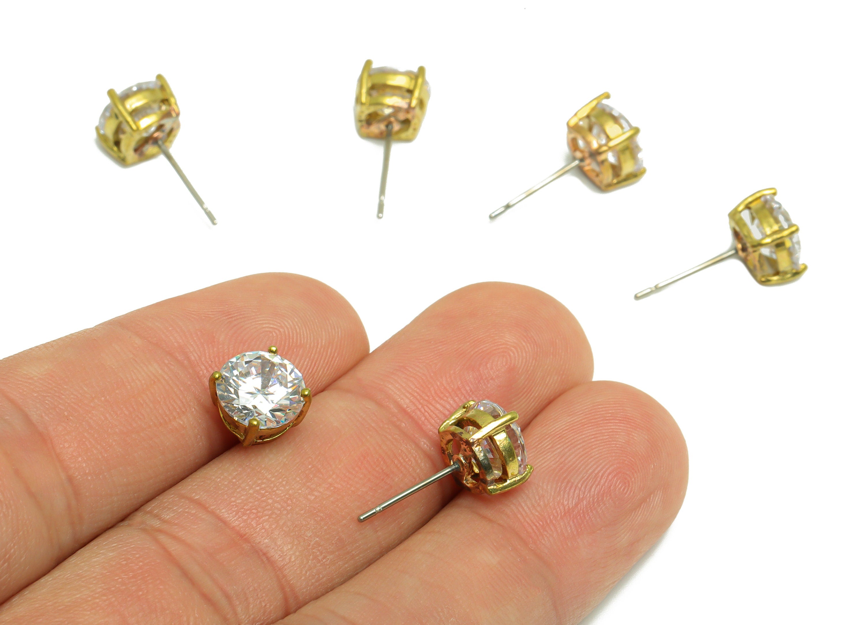 8mm CZ Minimalist Earring  - Raw Brass CZ Earring Post - Cubic Zircon Earring Post - Stainless Steel Stud - 17.3x8x5.8mm - PP9890-8 - DOMEDBAZAAR