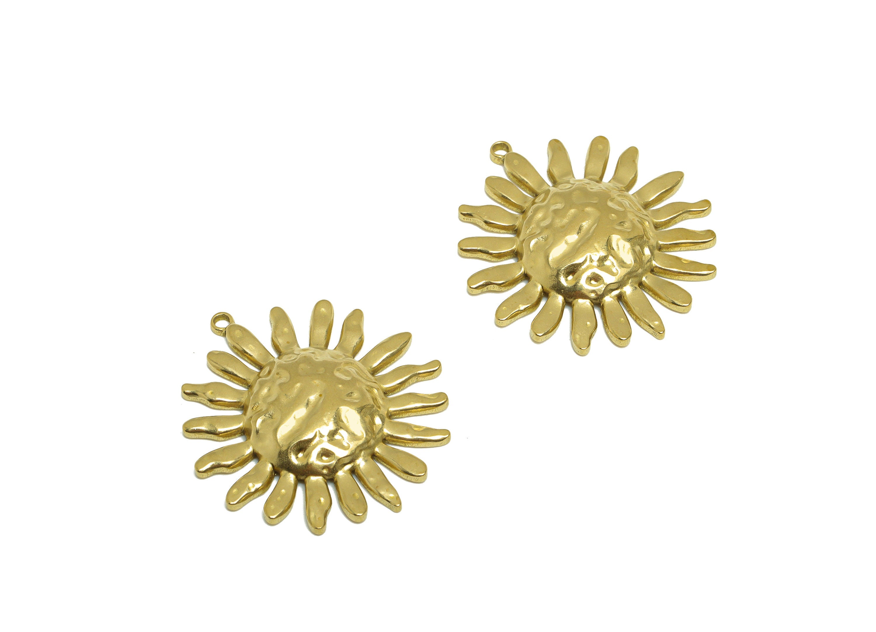 Brass Flower Earring Charm - Raw Brass Hammered Sunflower Earring Charm - Brass Flower Pendant - For Necklace - 31x27.2x4.28mm - PP10180 - DOMEDBAZAAR