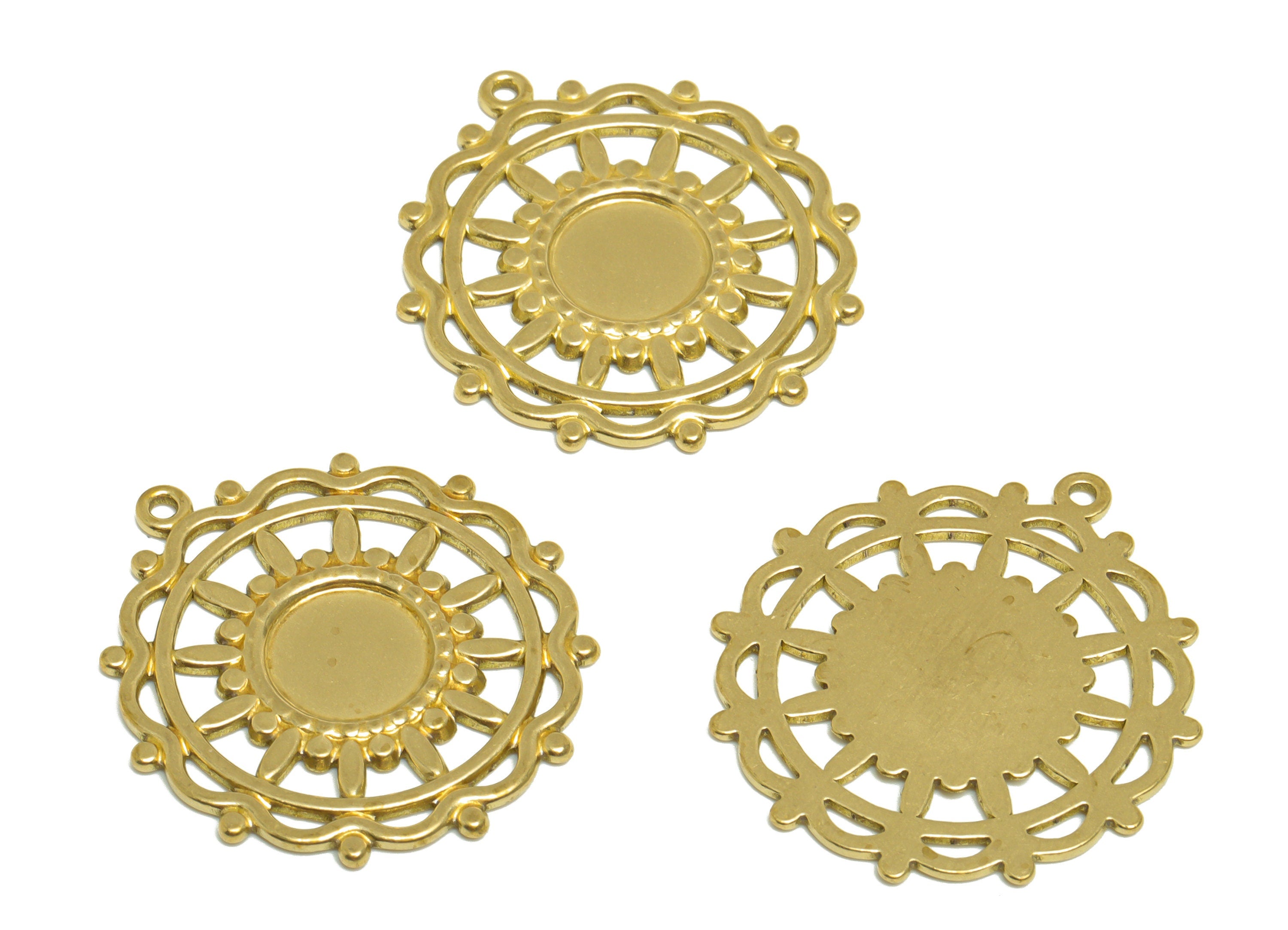 Brass Flower Earring Charm - Raw Brass Sunflower Earring Charm - Lace Round Pendant - For Necklace - For Diamond - 33.3x30.5x1.7mm - PP10171 - DOMEDBAZAAR