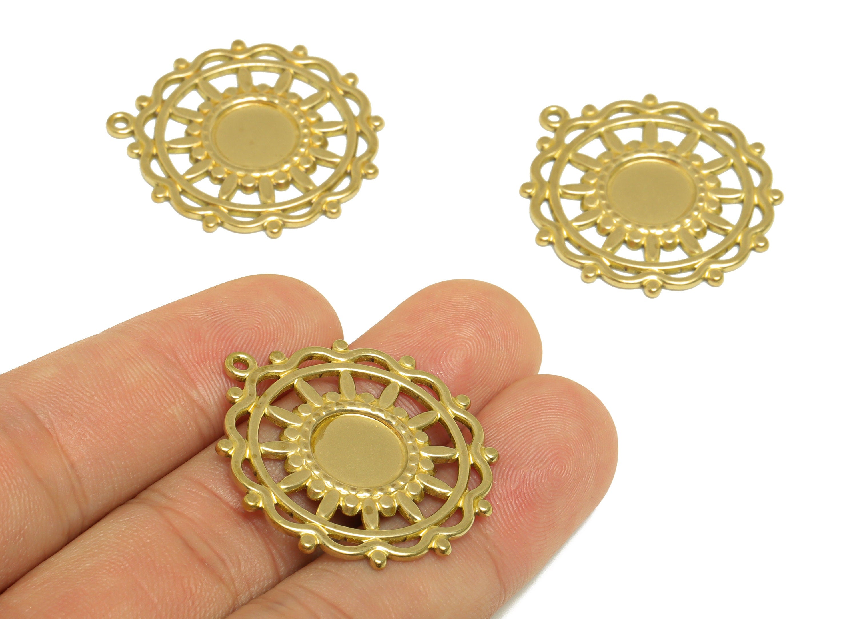 Brass Flower Earring Charm - Raw Brass Sunflower Earring Charm - Lace Round Pendant - For Necklace - For Diamond - 33.3x30.5x1.7mm - PP10171 - DOMEDBAZAAR