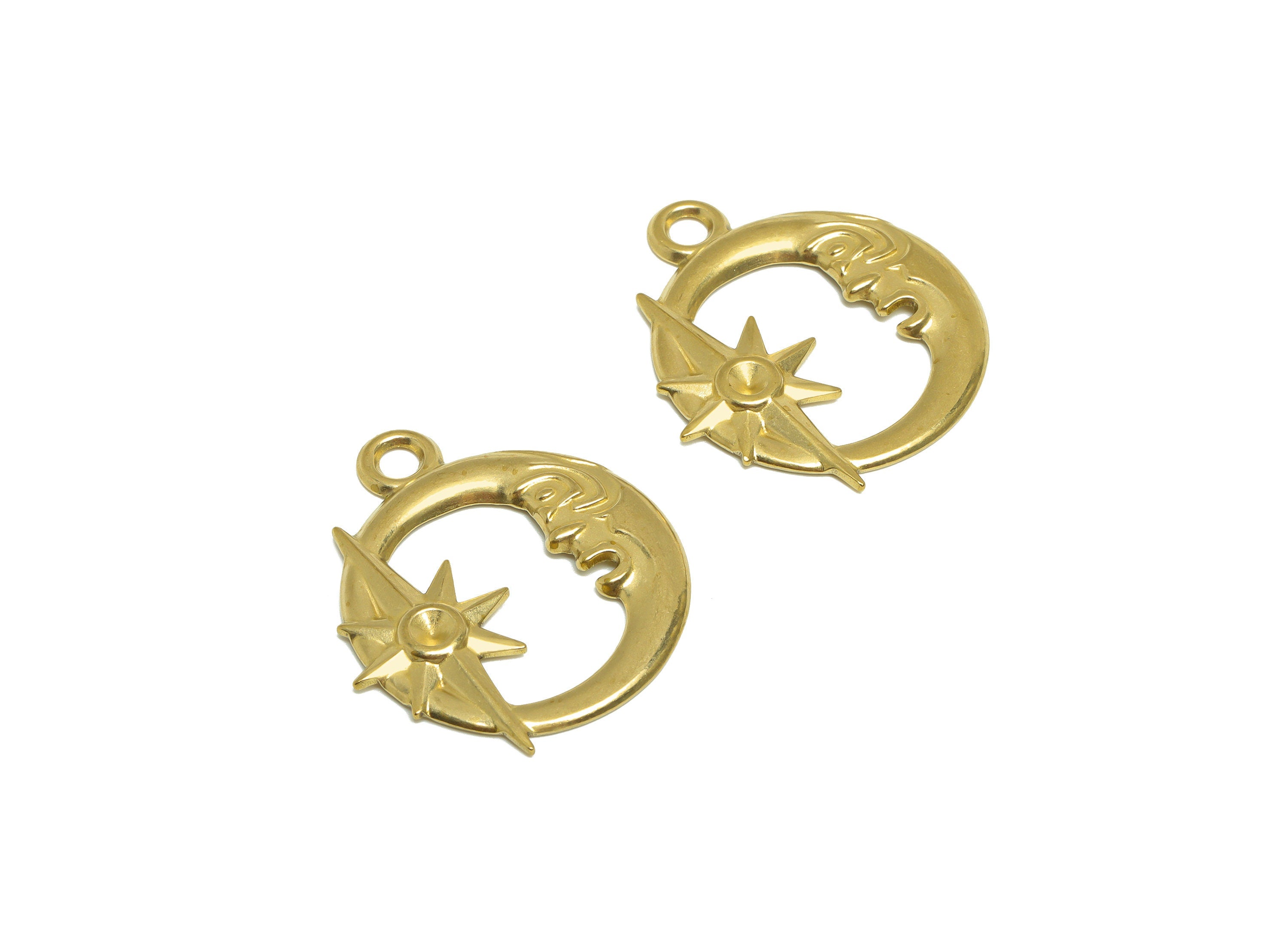 Brass Crescent Earring Charm- Raw Brass Abstract Portrait Charm - Brass Star Pendant For Diamond - Space Moon Charm - 35x29.9x2mm - PP10168 - DOMEDBAZAAR